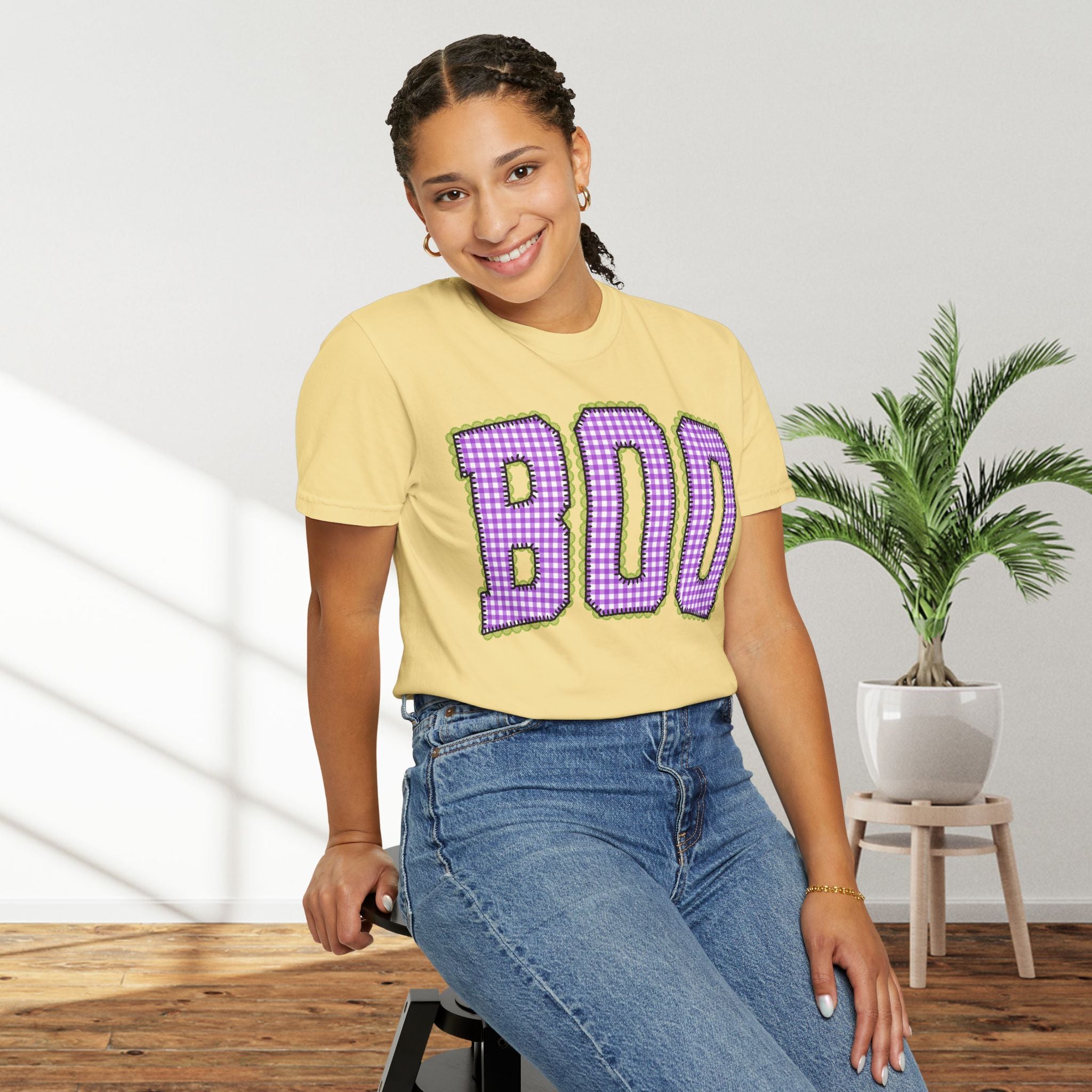 BOO Graphic T-Shirt — Purple Plaid Halloween Tee