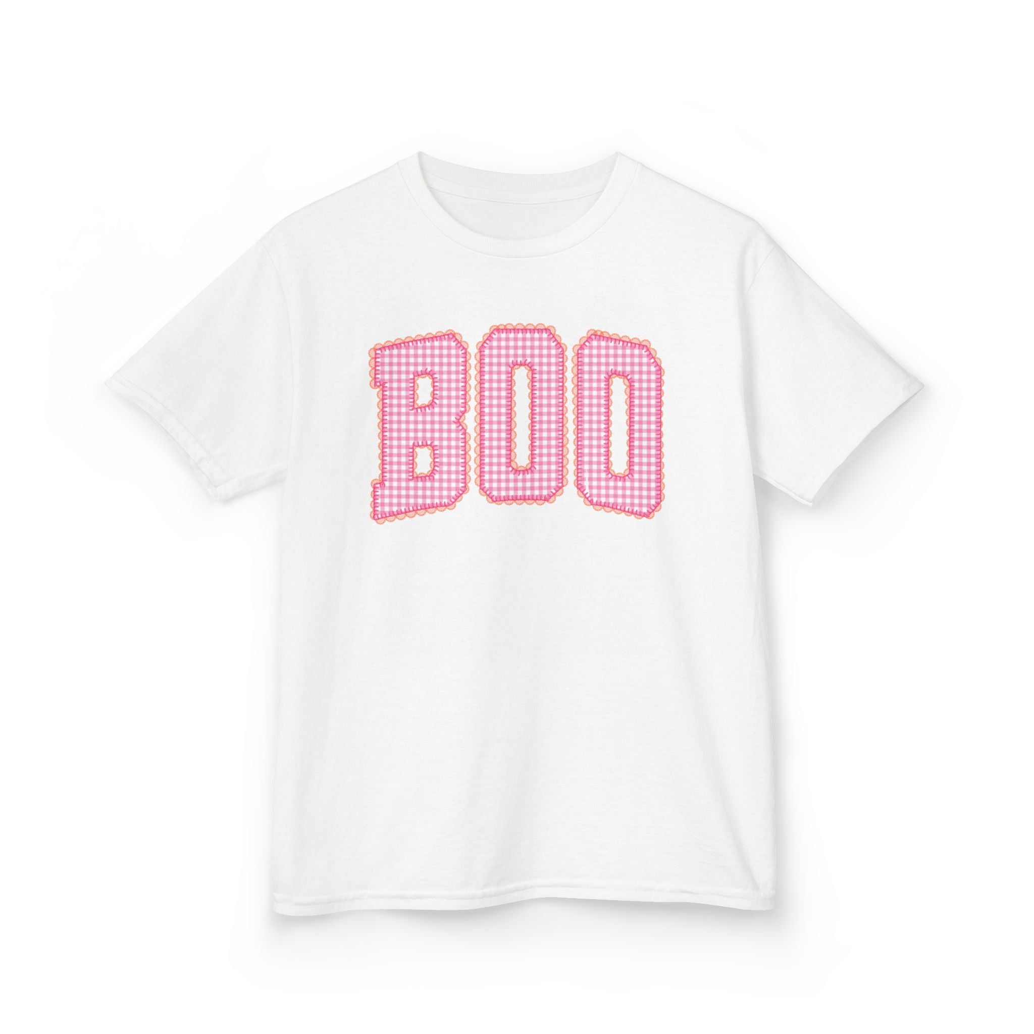 Kids 'BOO' Halloween Tee — Pink Gingham Lettering