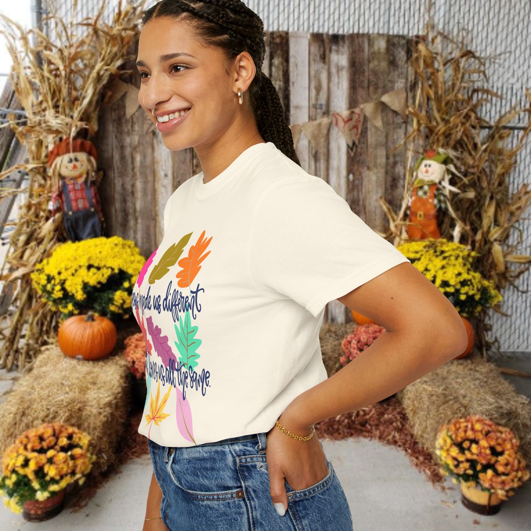 Christian Fall T-Shirt — "Jesus Made Us Different But Loves Us All The Same" (Colorful Leaves)
