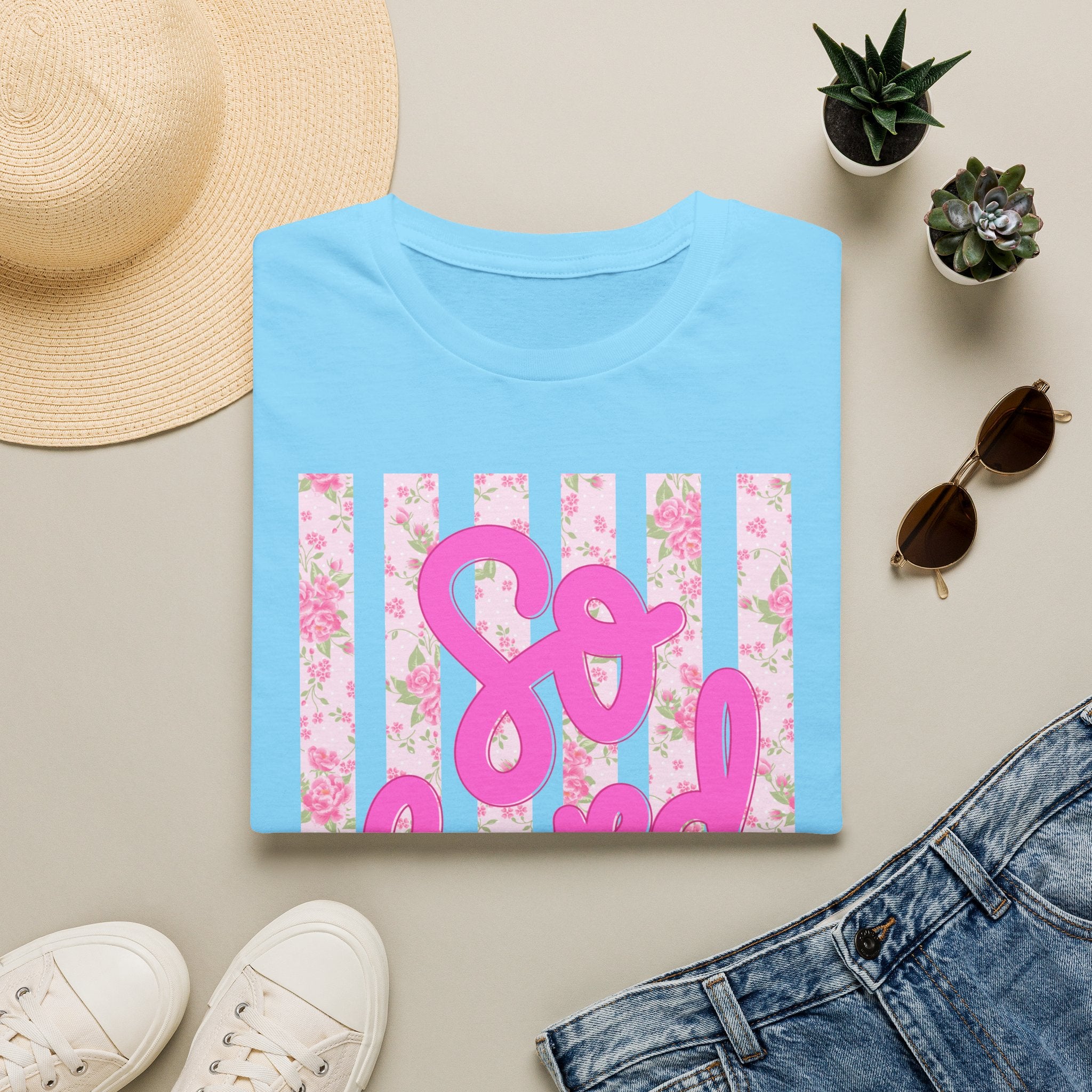 "So Loved" Pink Script Floral Stripe Graphic Tee