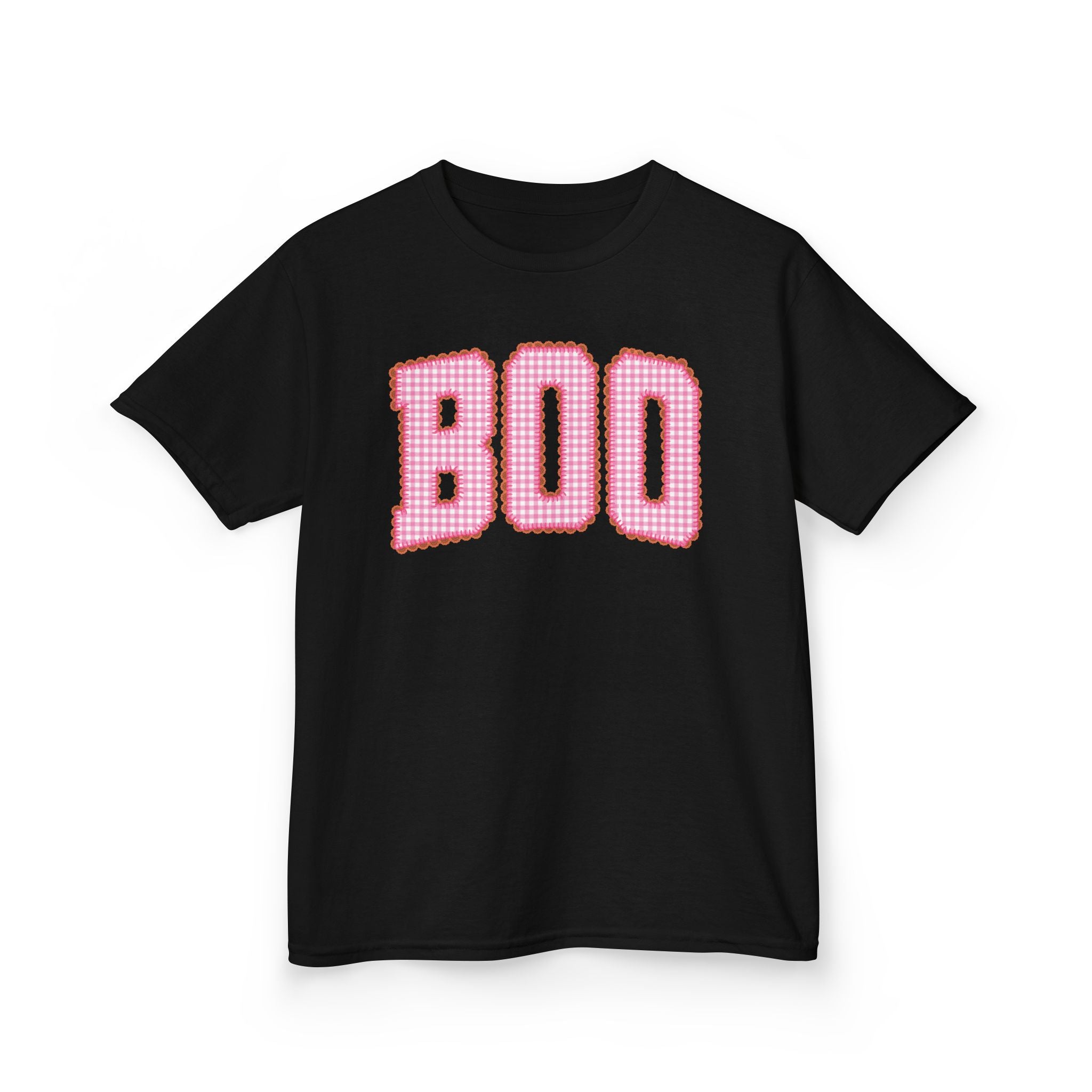 Kids 'BOO' Halloween Tee — Pink Gingham Lettering