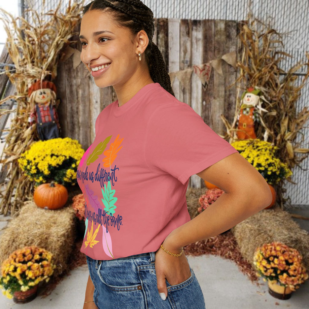 Christian Fall T-Shirt — "Jesus Made Us Different But Loves Us All The Same" (Colorful Leaves)