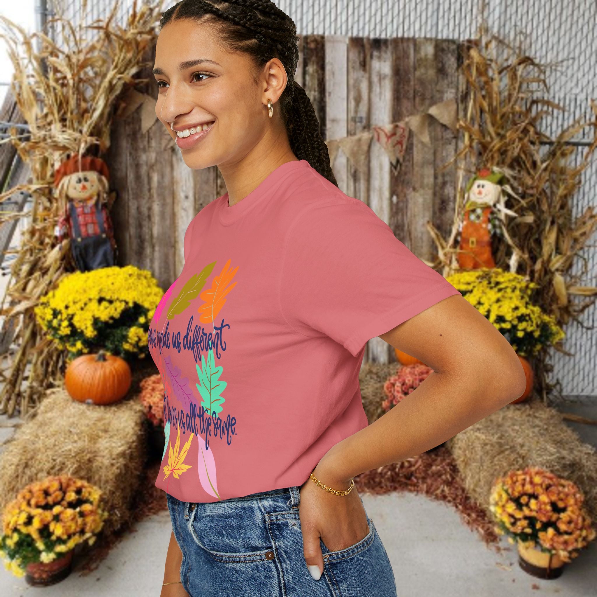 Christian Fall T-Shirt — "Jesus Made Us Different But Loves Us All The Same" (Colorful Leaves)