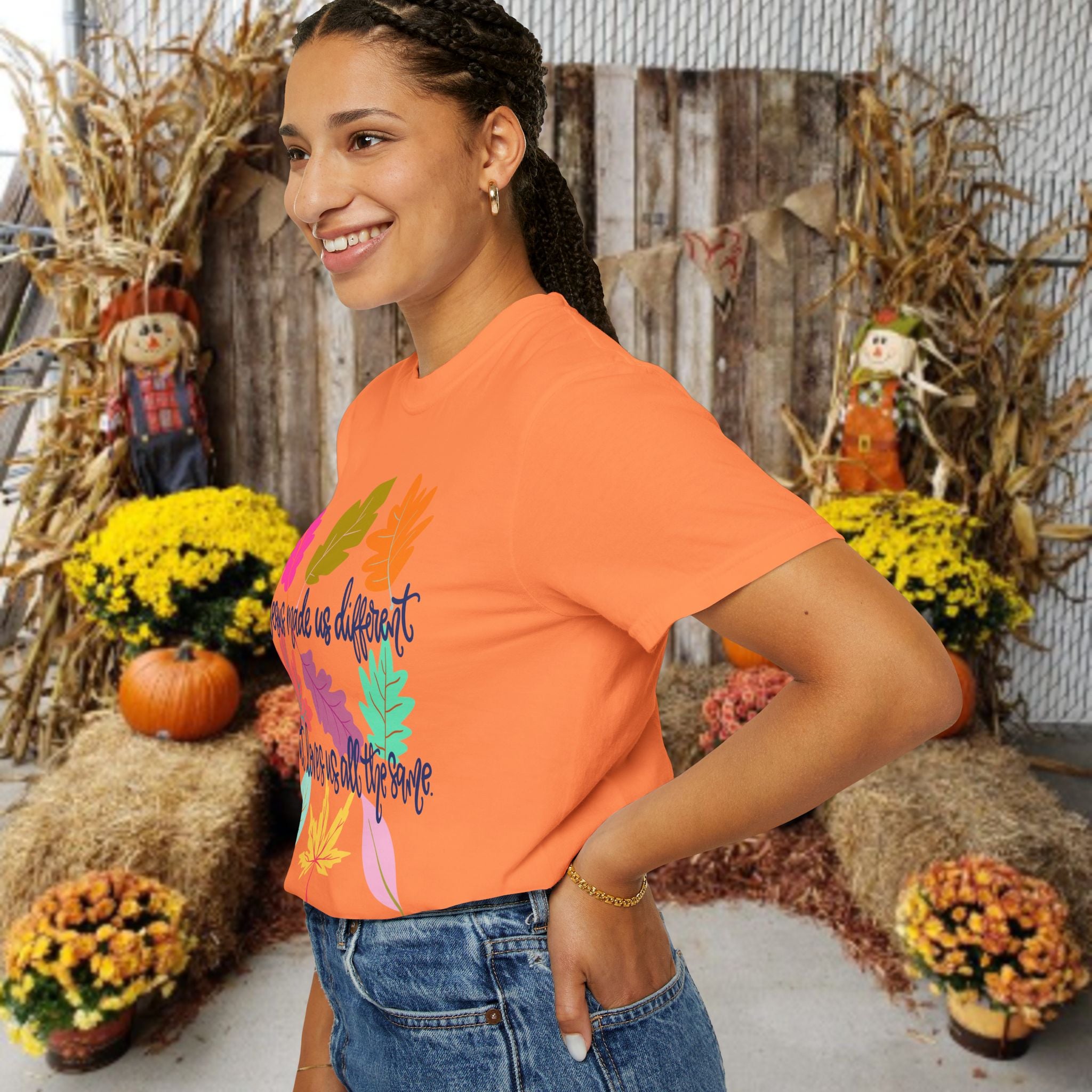 Christian Fall T-Shirt — "Jesus Made Us Different But Loves Us All The Same" (Colorful Leaves)
