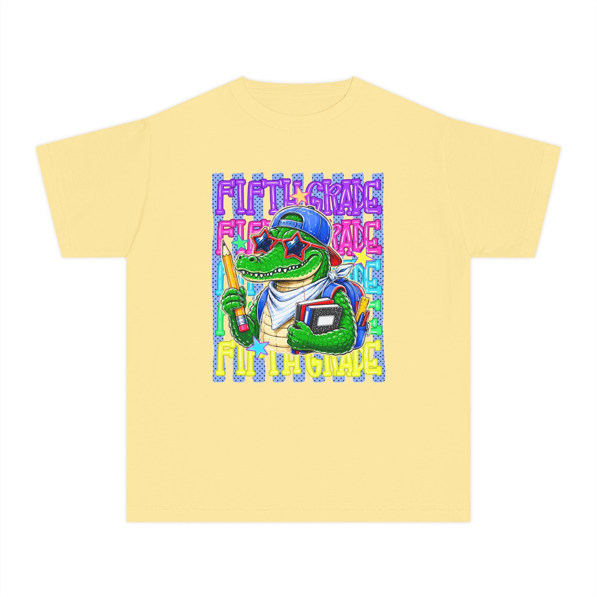 Youth Tee — Colorful Back-to-School Alligator Graphic "Fifth Grade"