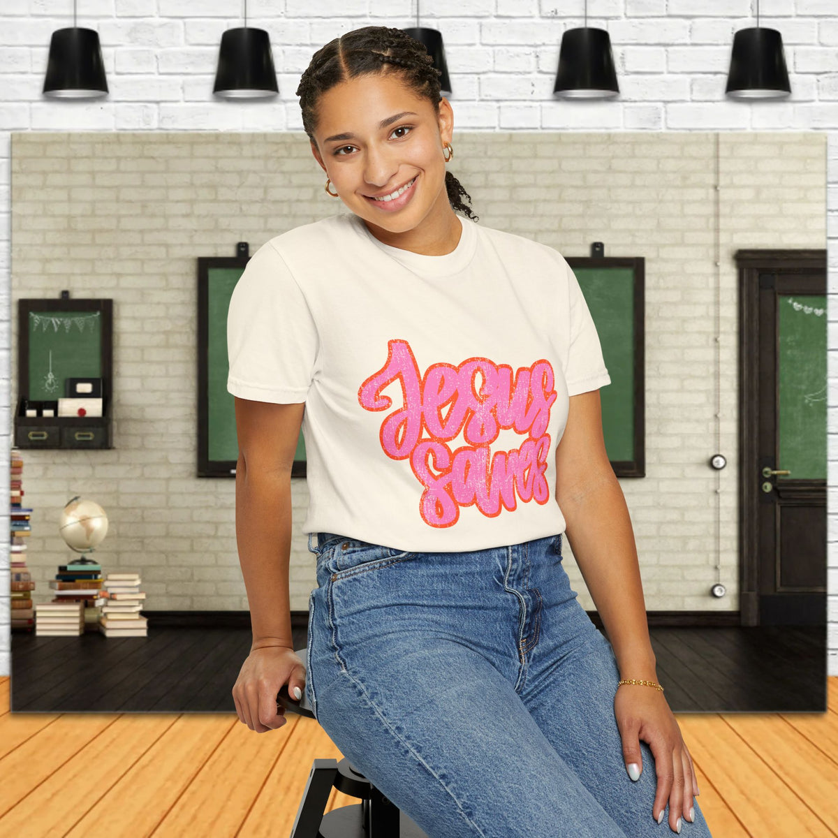 Jesus Saves Distressed T-Shirt — Retro Pink Script Christian Tee