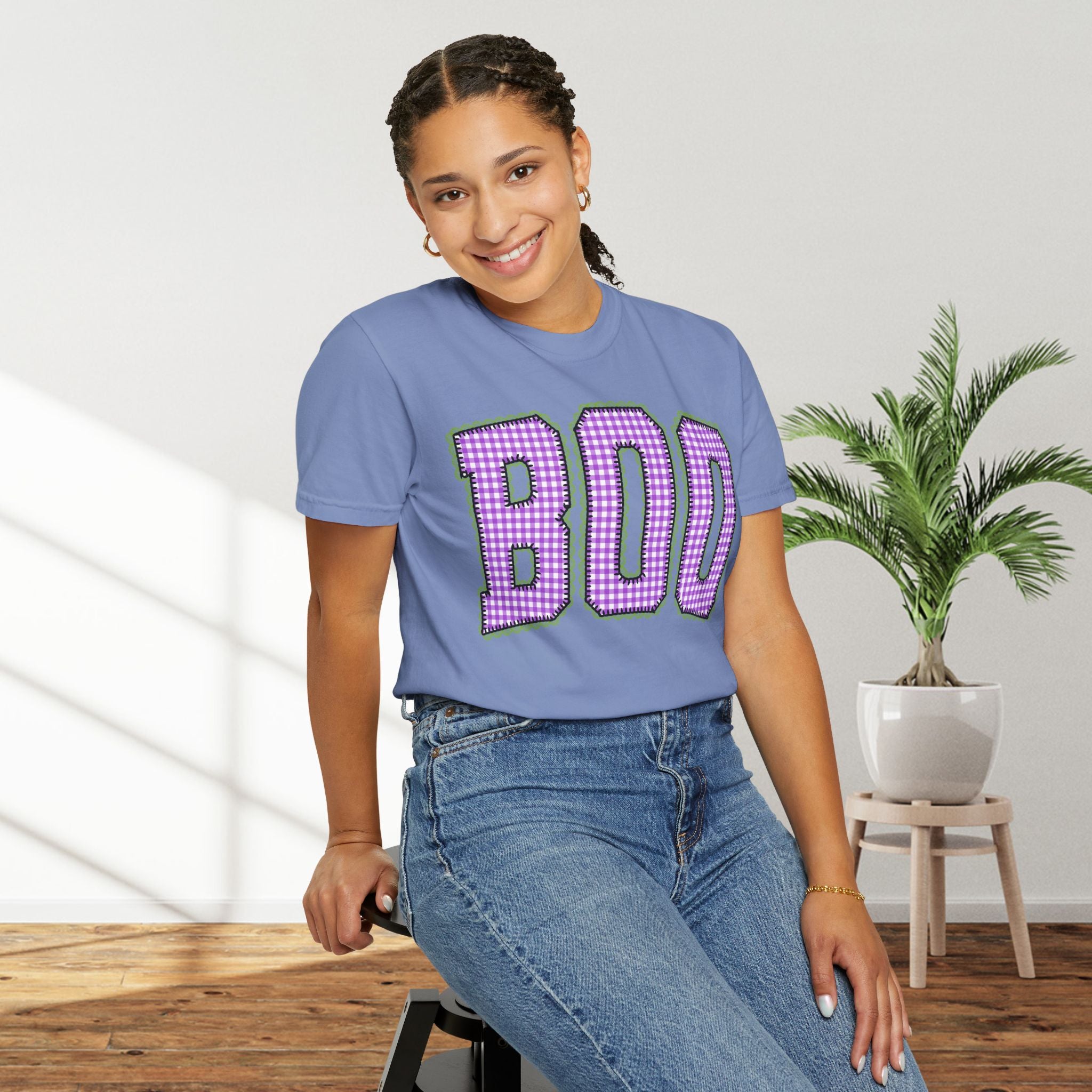 BOO Graphic T-Shirt — Purple Plaid Halloween Tee