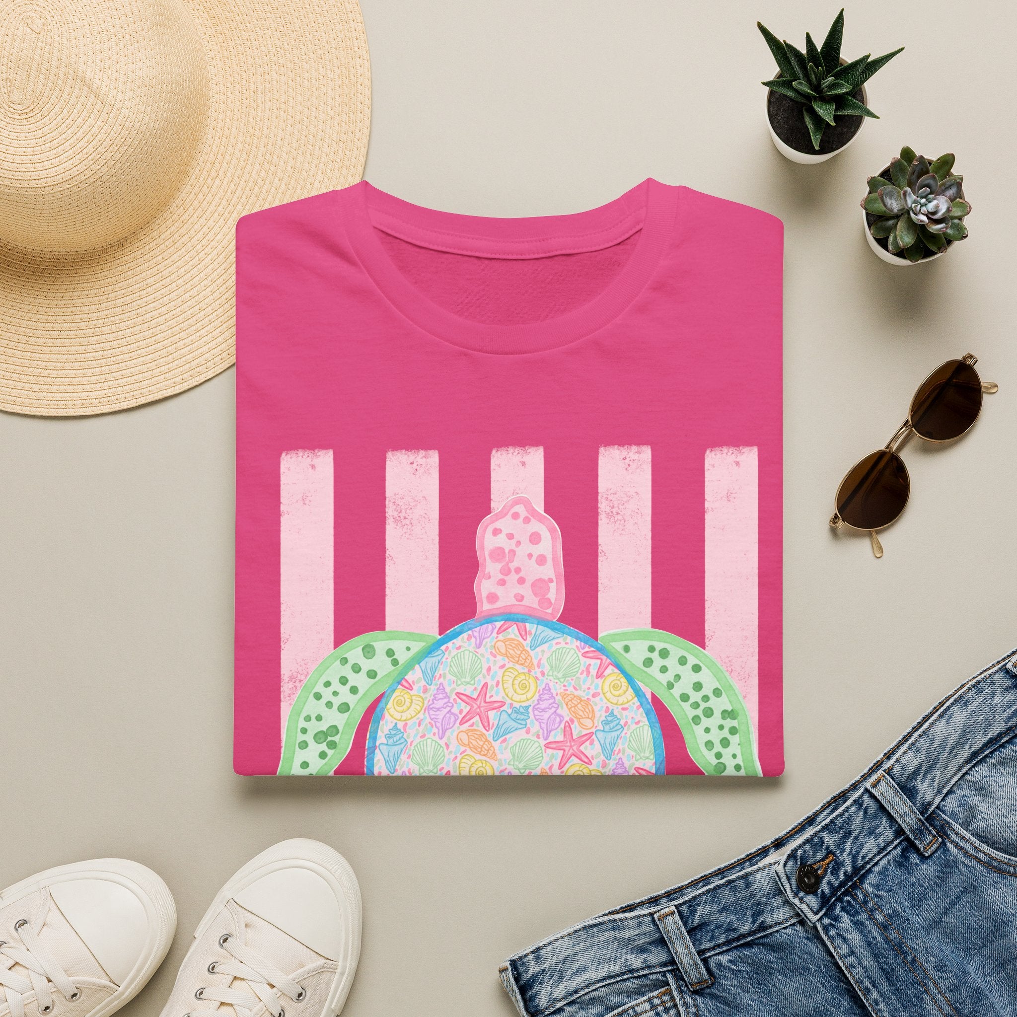 Sea Turtle Beach T-Shirt — Pastel Floral Turtle on Pink Stripes
