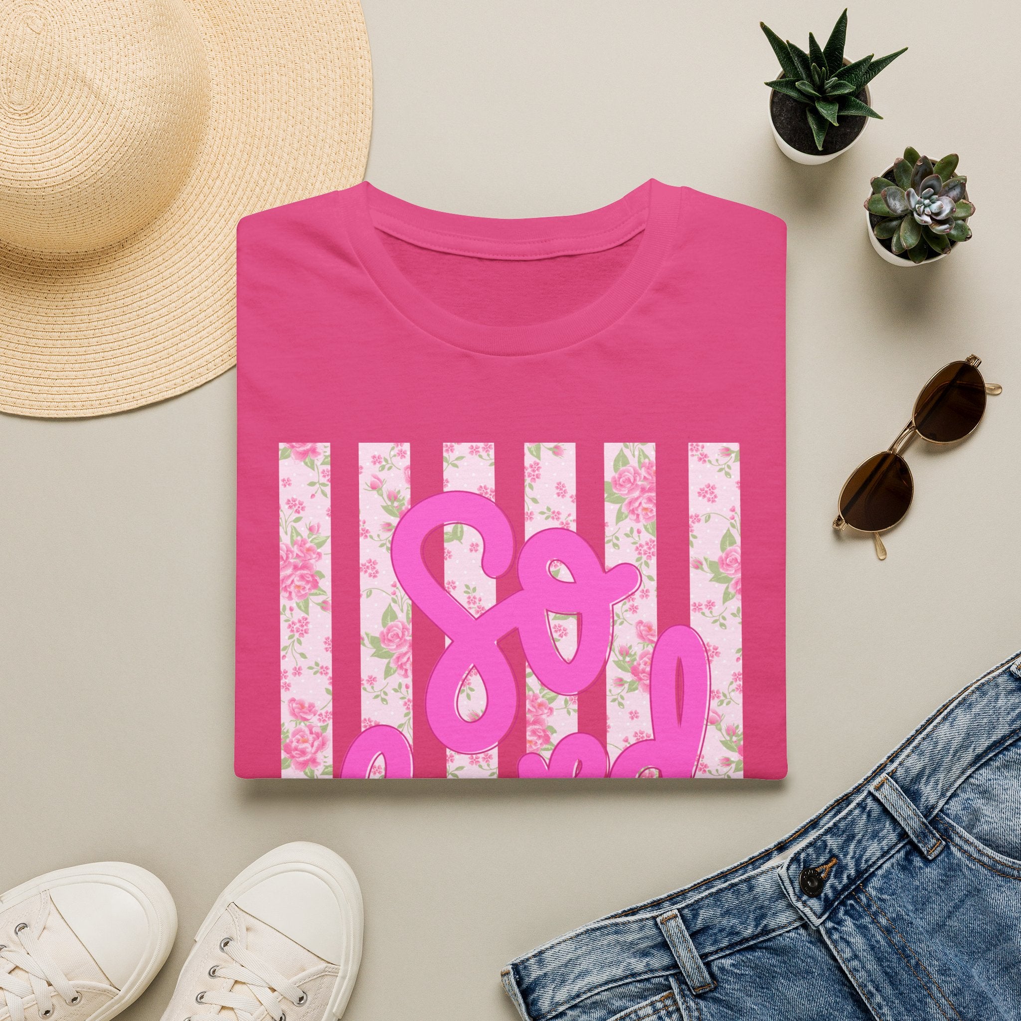 "So Loved" Pink Script Floral Stripe Graphic Tee
