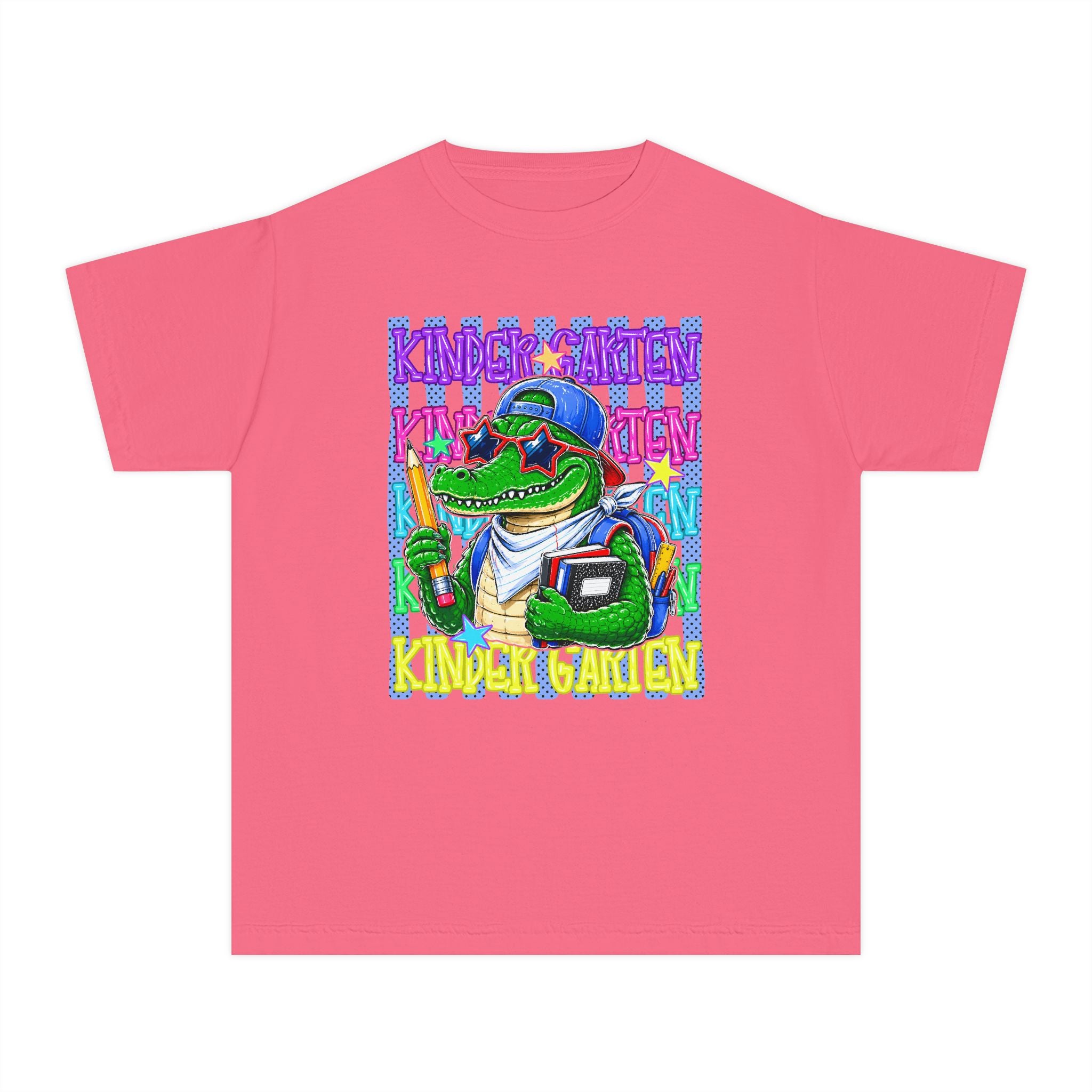 Kids Gator Teacher Tee — "Kindergarten" Colorful Alligator School Shirt