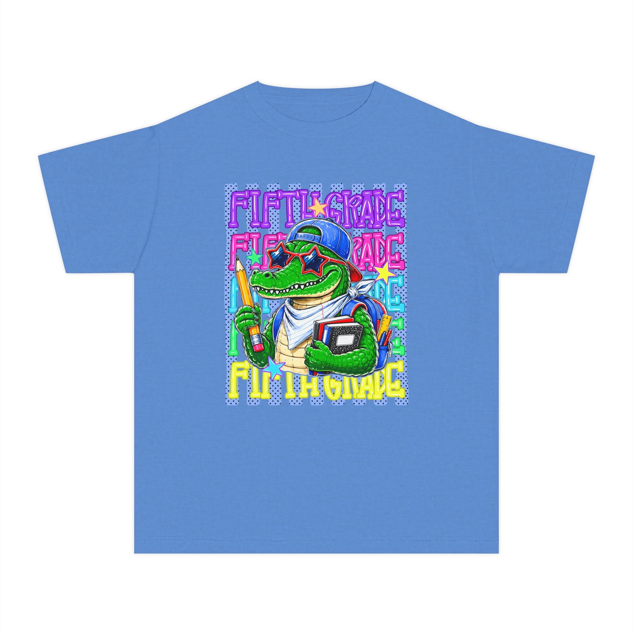 Youth Tee — Colorful Back-to-School Alligator Graphic "Fifth Grade"