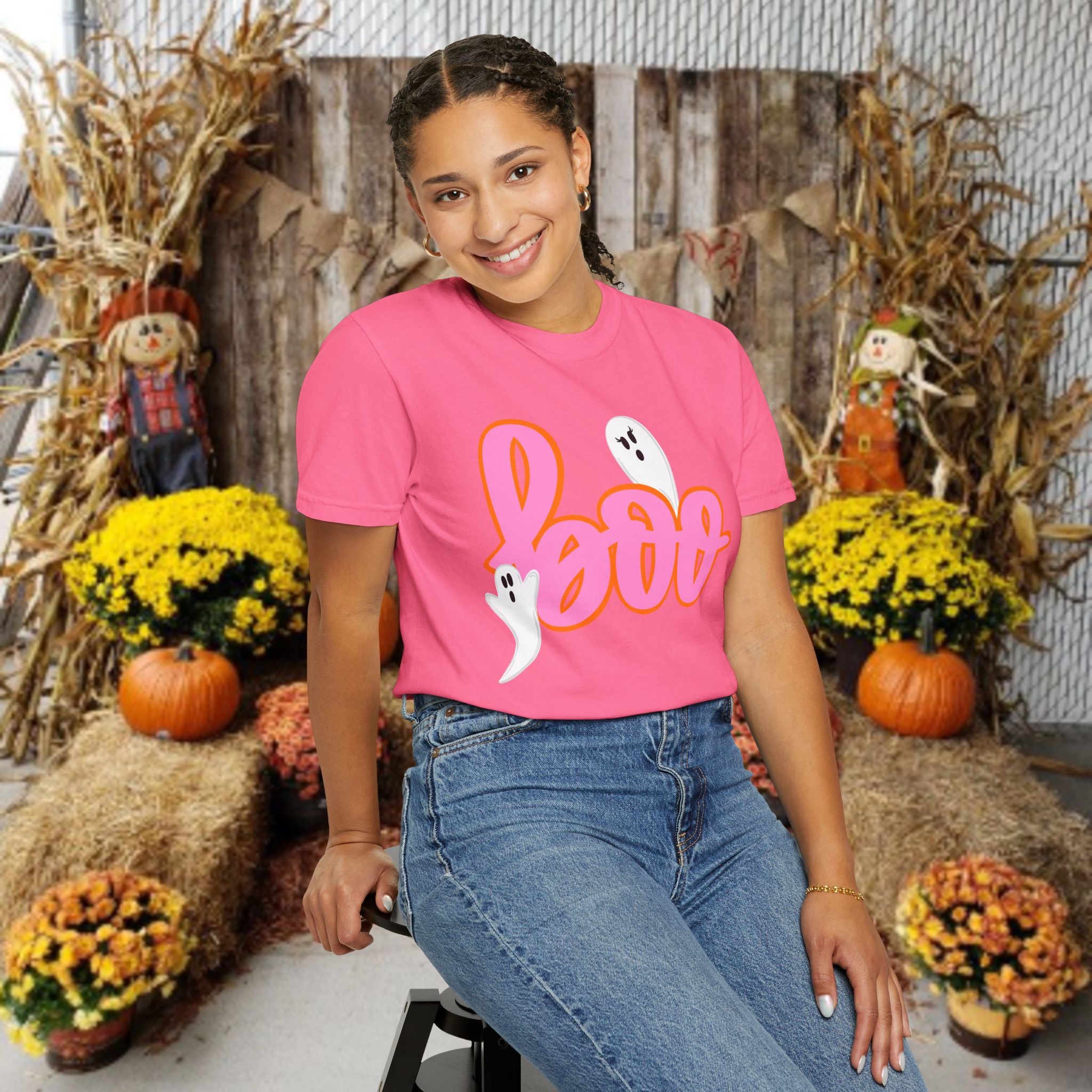 Boo Ghost Graphic T-Shirt — Pink Script Halloween Tee
