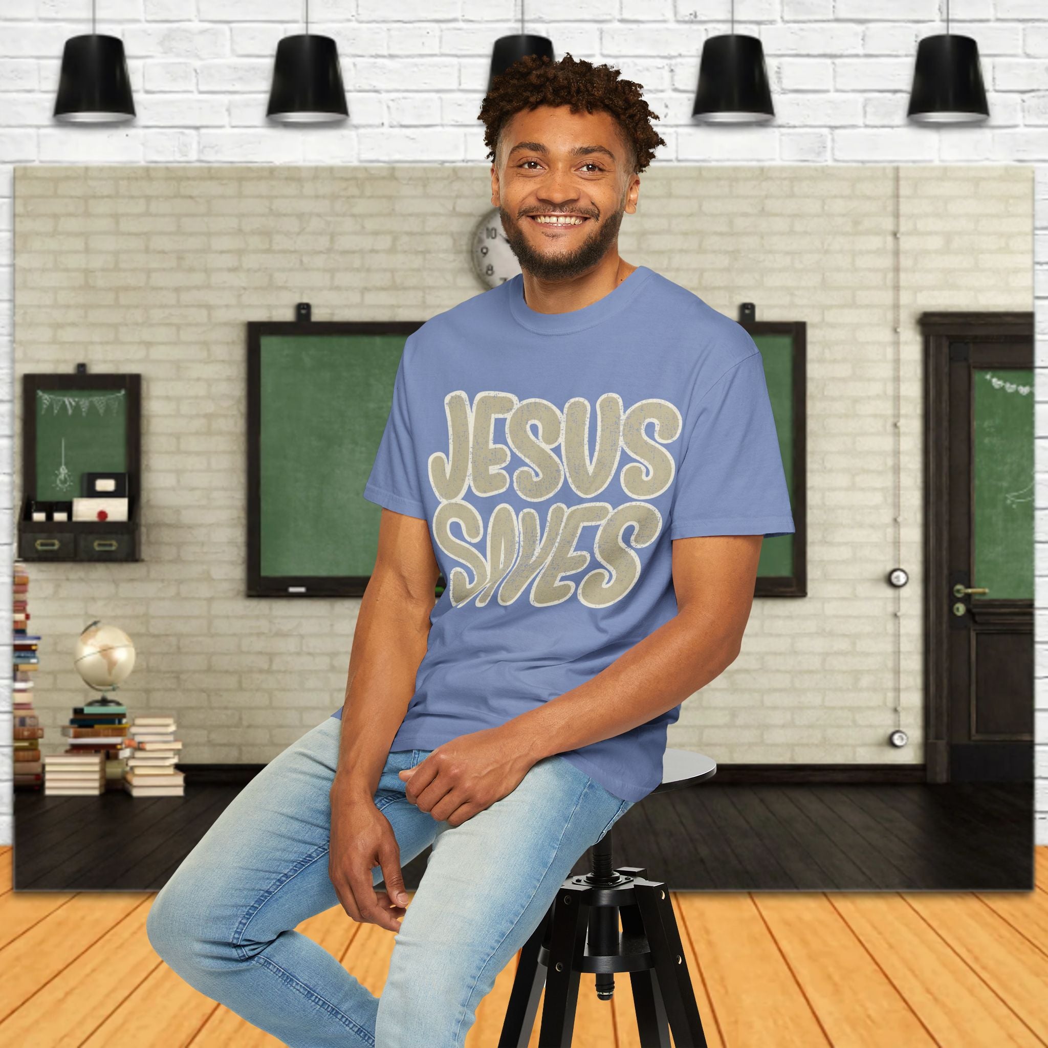 Jesus Saves T-Shirt — Retro Gold Script Christian Tee