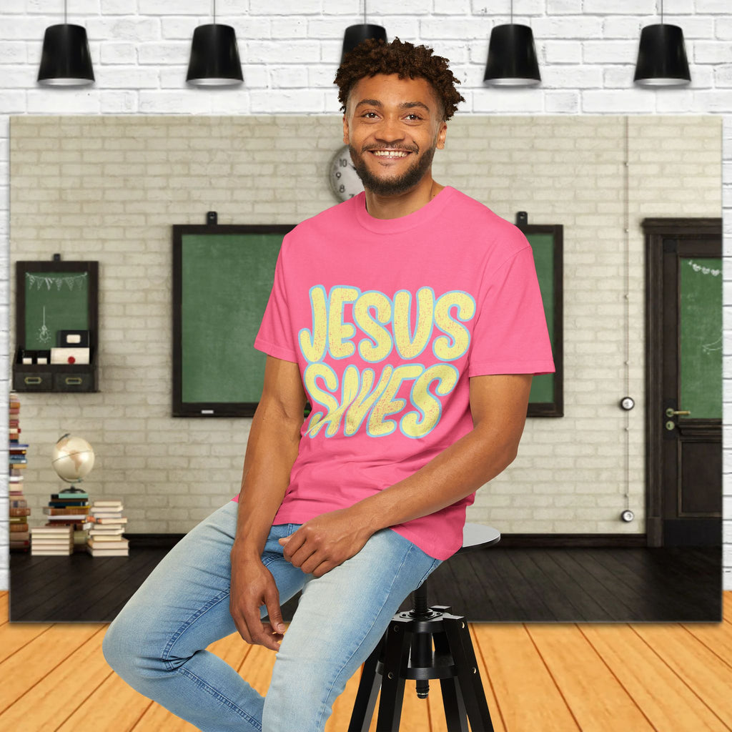 Jesus Saves T‑Shirt — Retro Bubble Text Christian Faith Tee