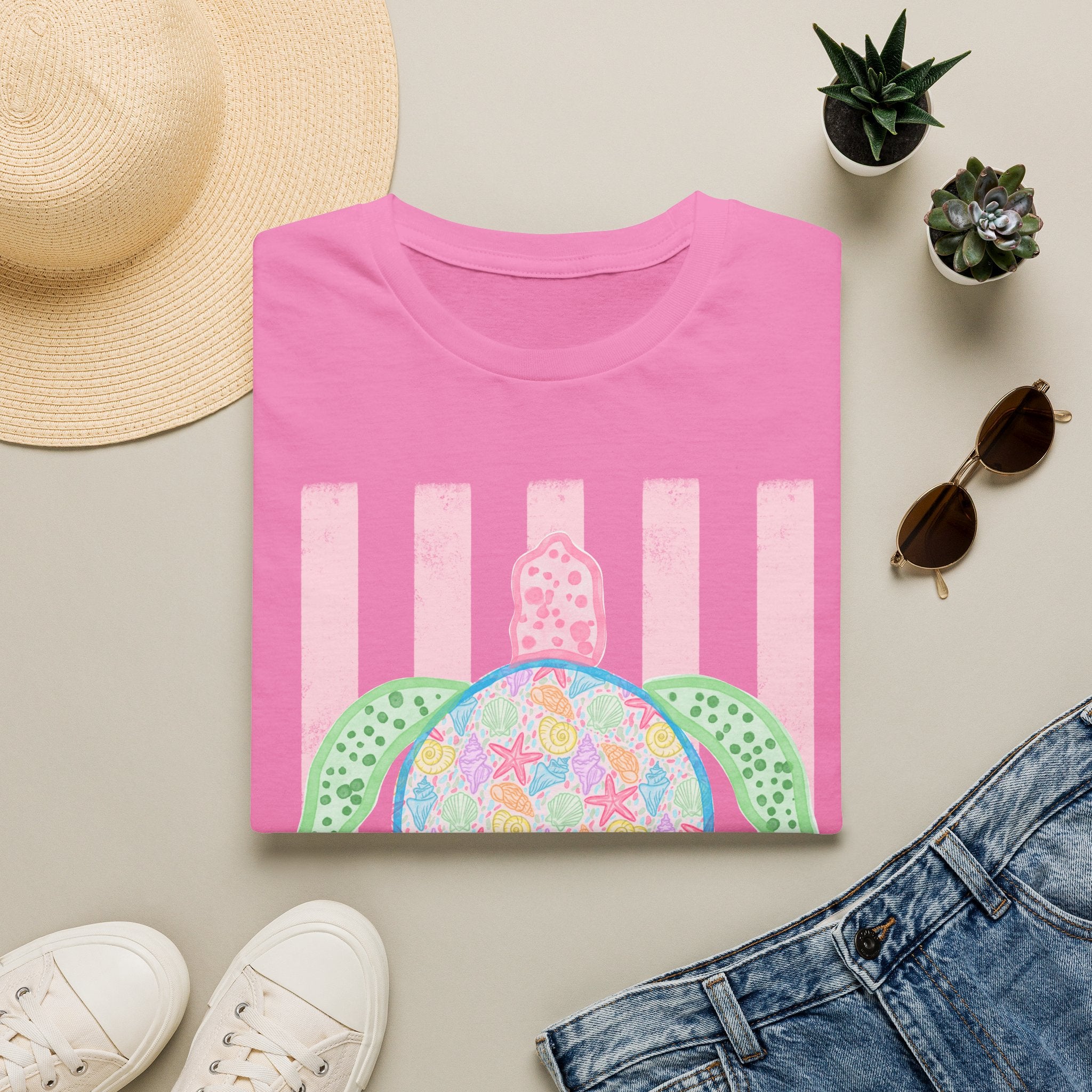 Sea Turtle Beach T-Shirt — Pastel Floral Turtle on Pink Stripes