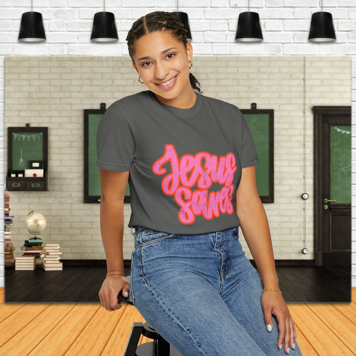 Jesus Saves Distressed T-Shirt — Retro Pink Script Christian Tee