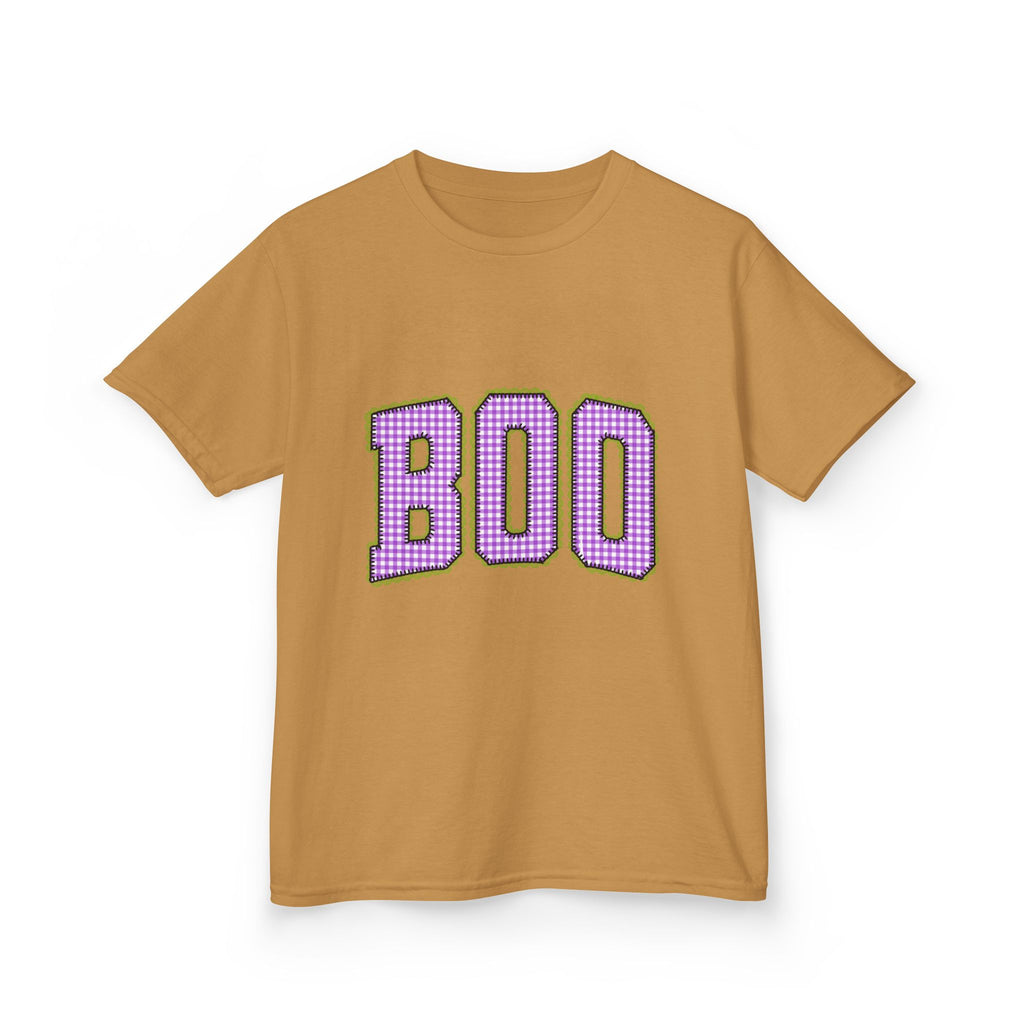 Kids Tee — 'BOO' Purple Ginghma Halloween Shirt