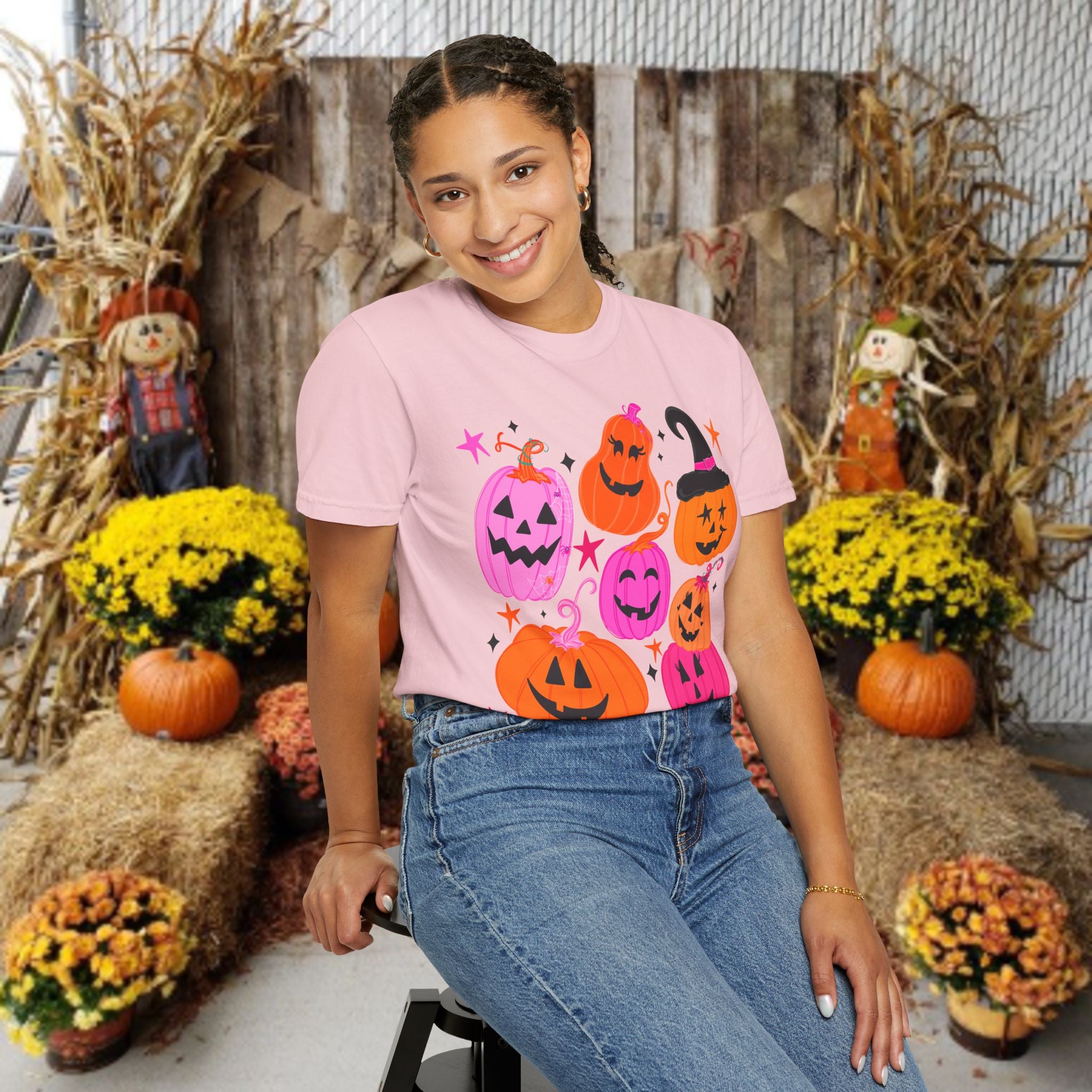 Halloween Pumpkins T-Shirt — Cute Pink & Orange Jack-O'-Lanterns