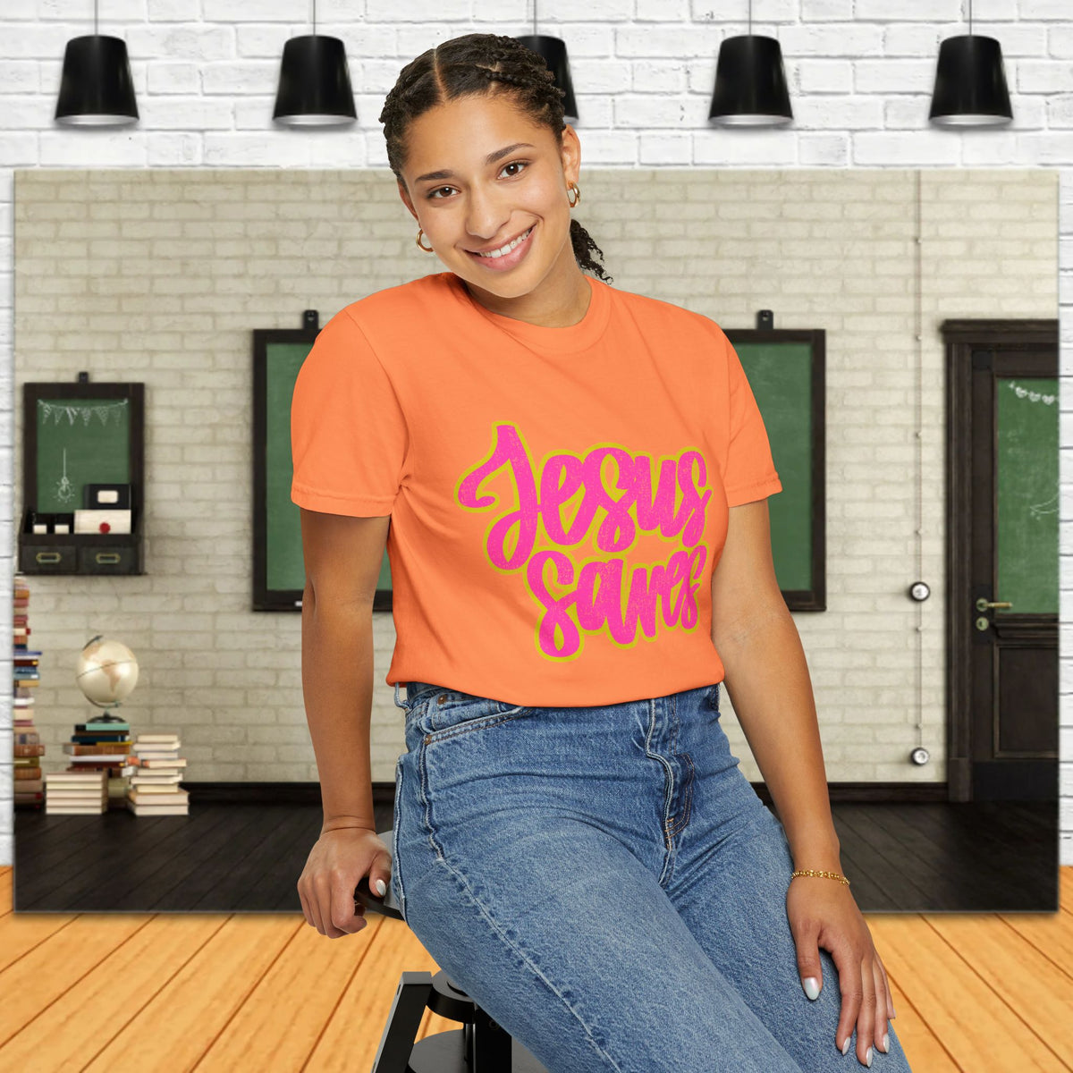 Jesus Saves T‑Shirt — Bright Pink & Green Christian Graphic Tee