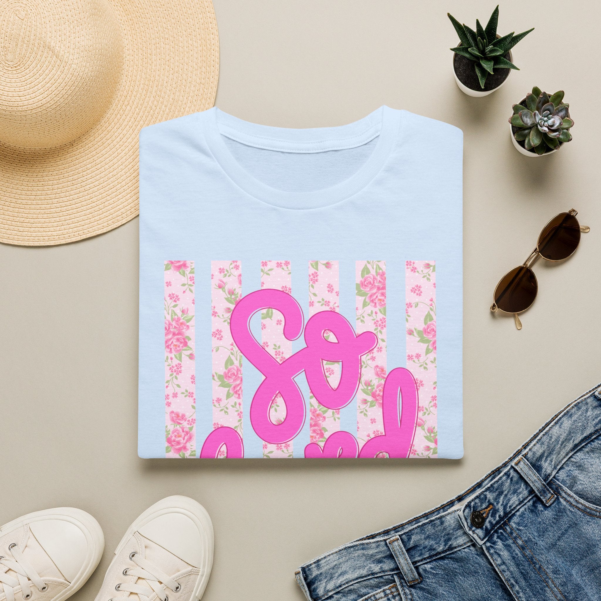 "So Loved" Pink Script Floral Stripe Graphic Tee