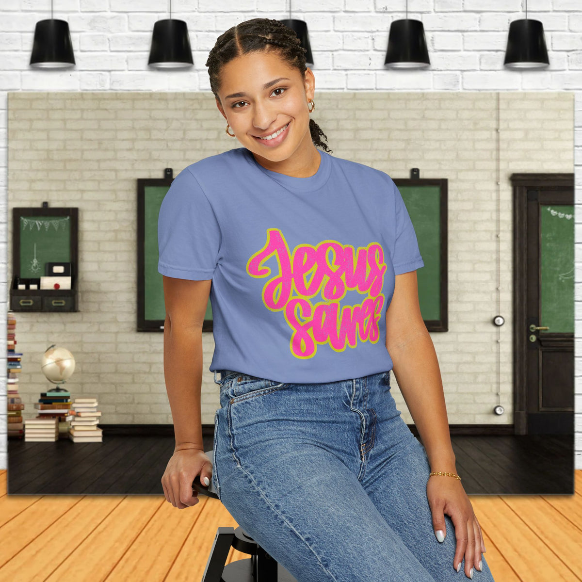 Jesus Saves T‑Shirt — Bright Pink & Green Christian Graphic Tee