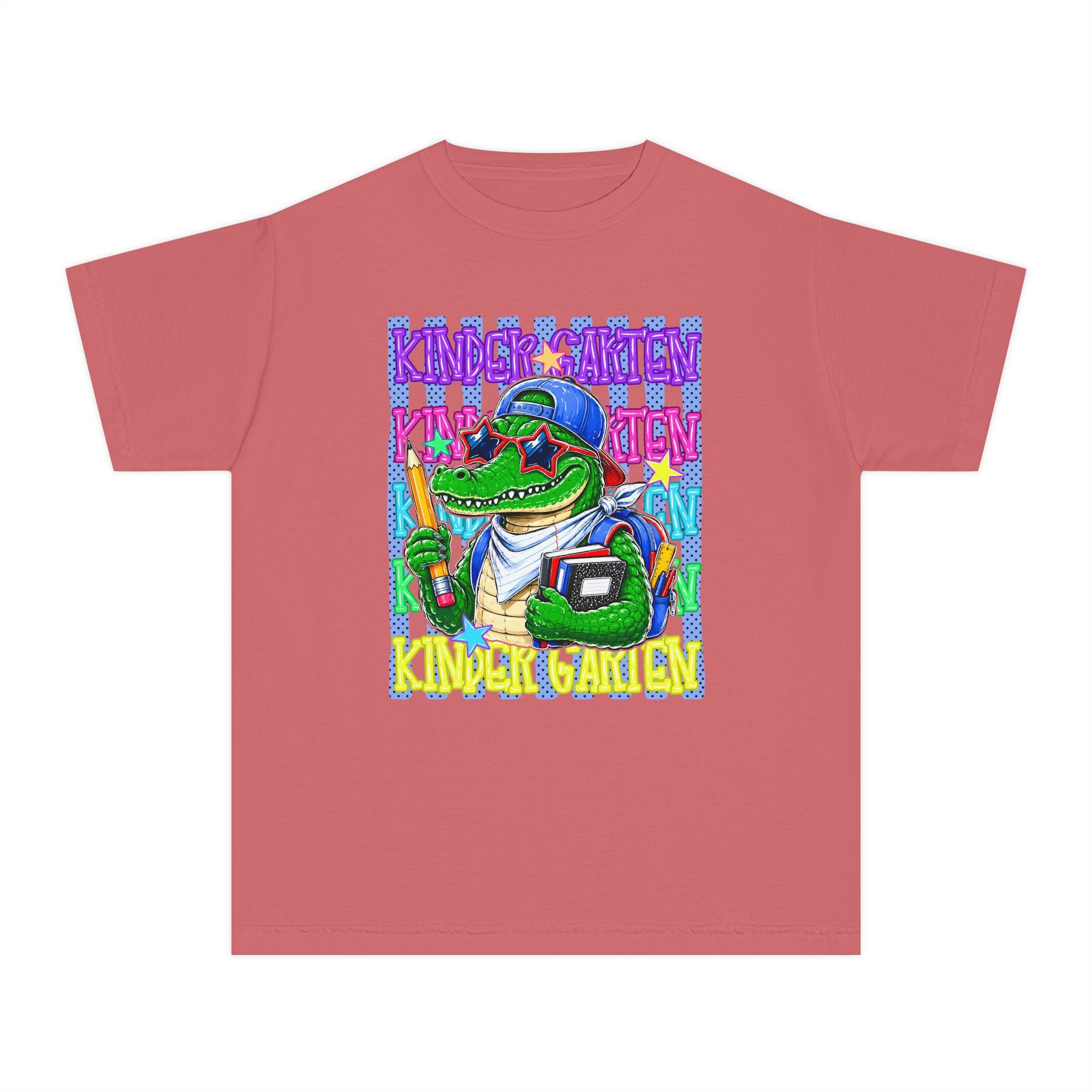 Kids Gator Teacher Tee — "Kindergarten" Colorful Alligator School Shirt