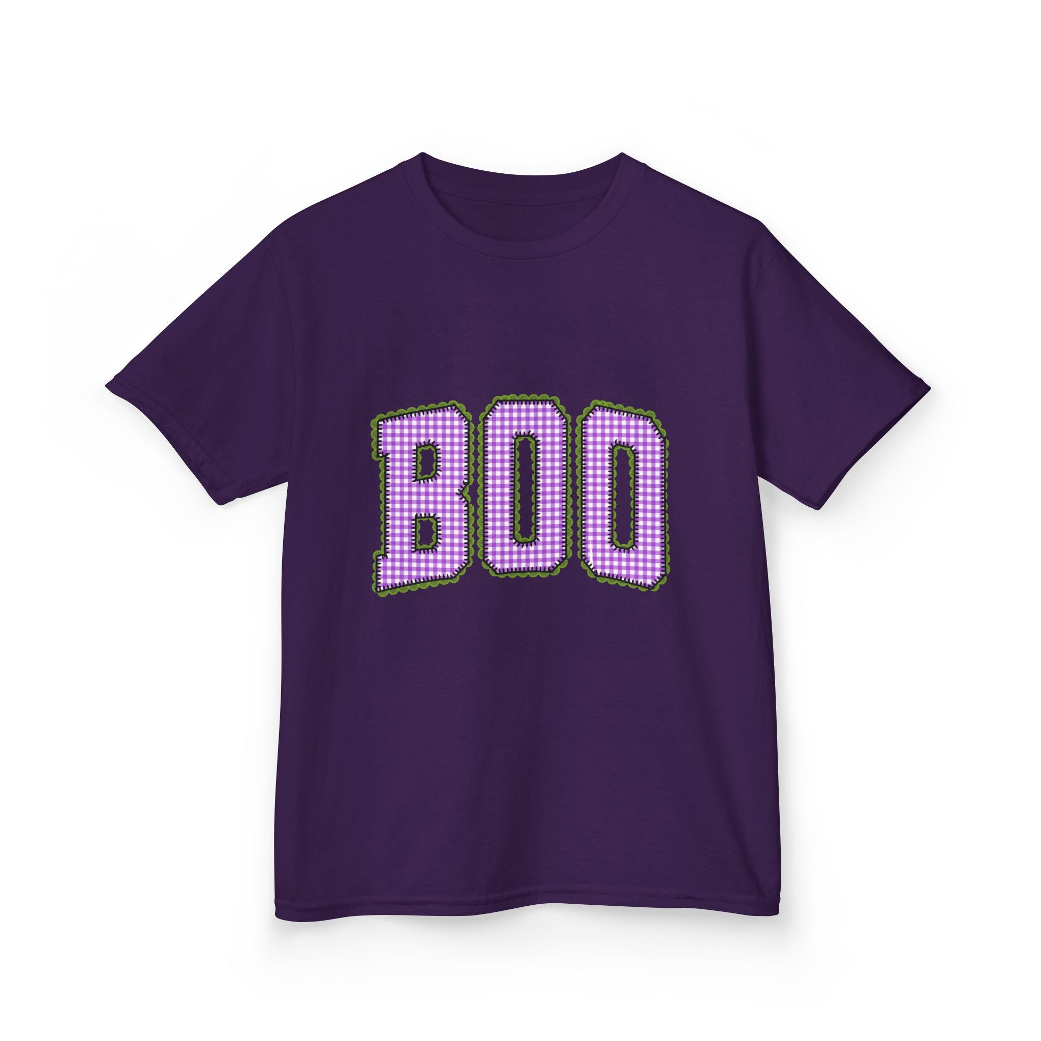 Kids Tee — 'BOO' Purple Ginghma Halloween Shirt