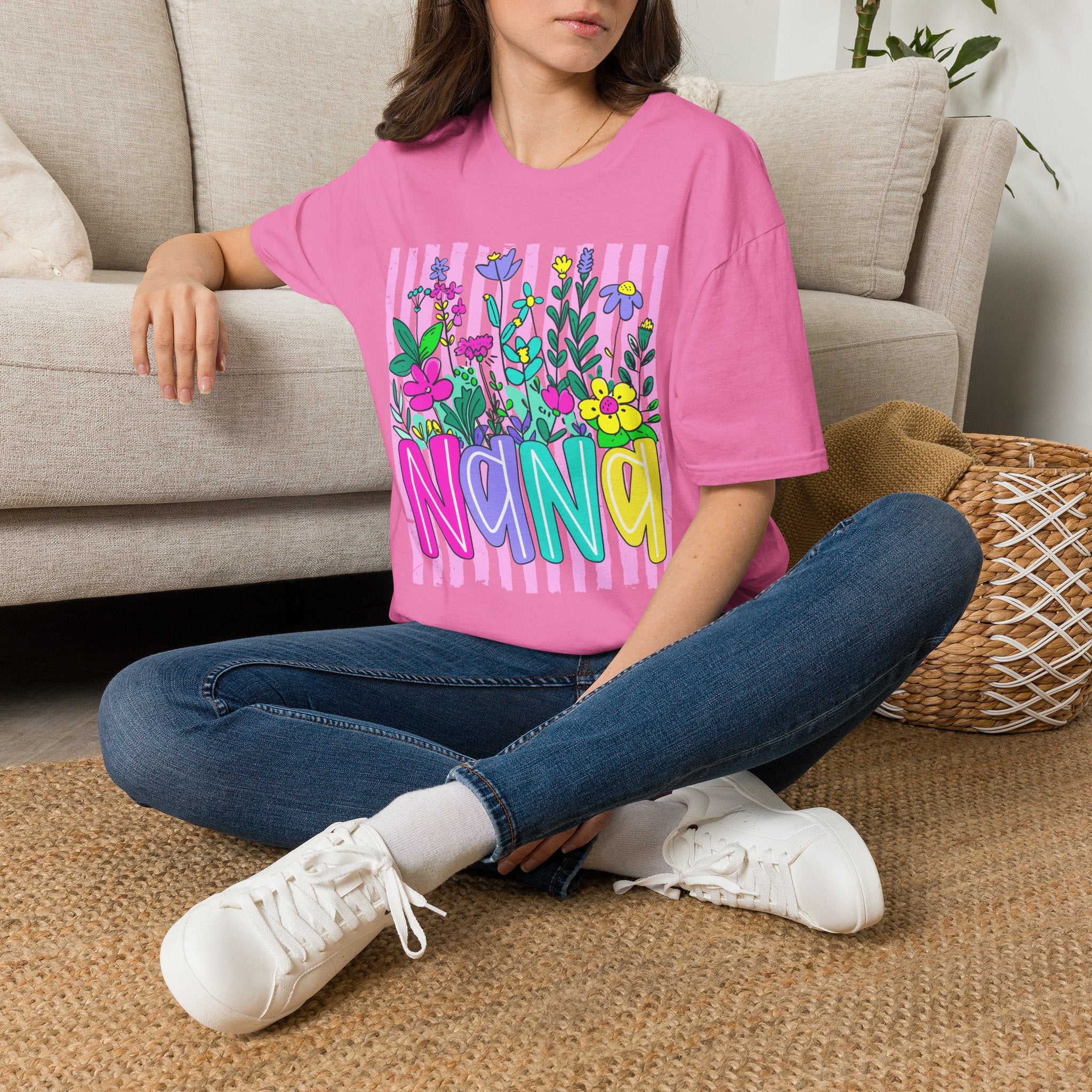 Floral Stripe "NANA" T-Shirt — Bright Garden Grandma Gift