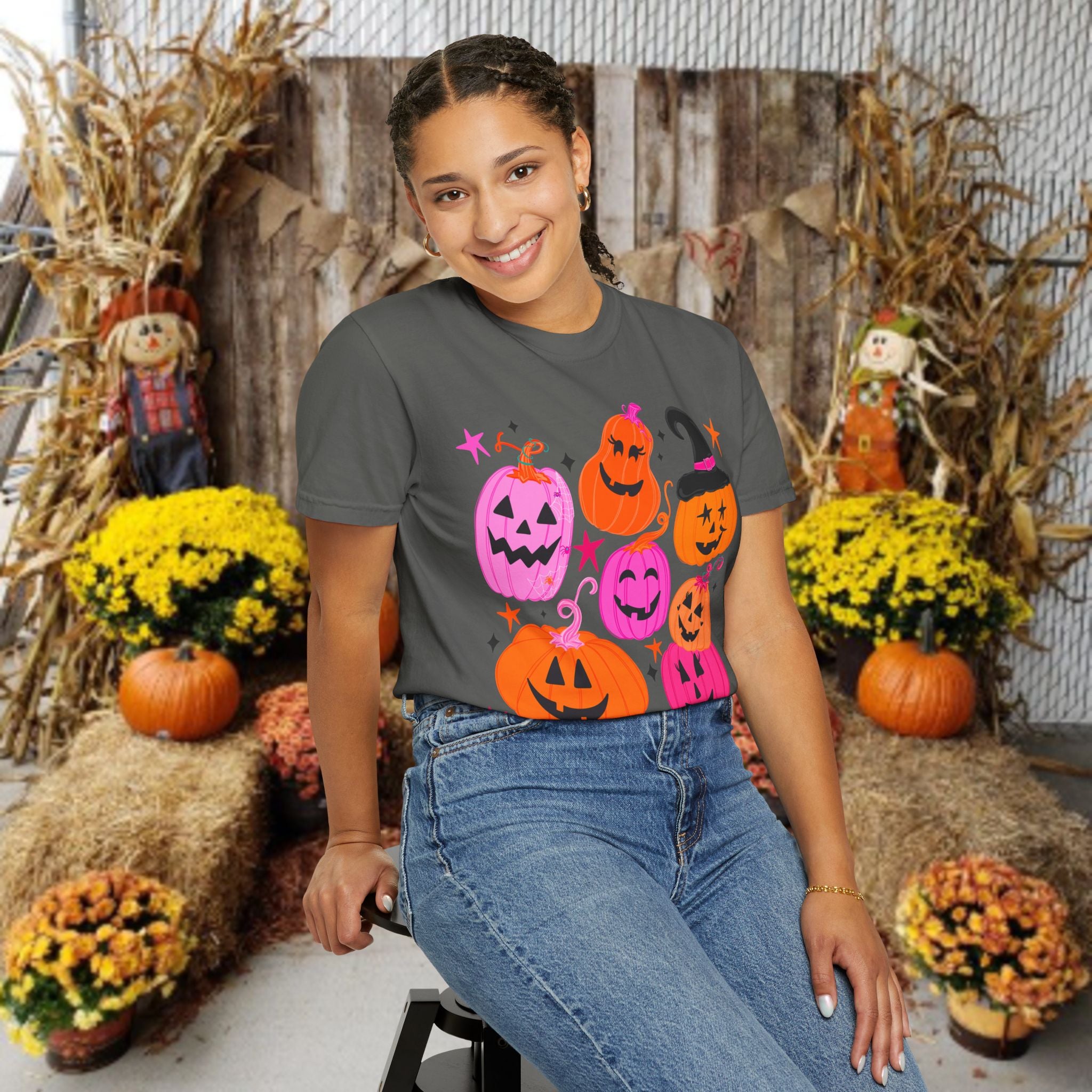 Halloween Pumpkins T-Shirt — Cute Pink & Orange Jack-O'-Lanterns