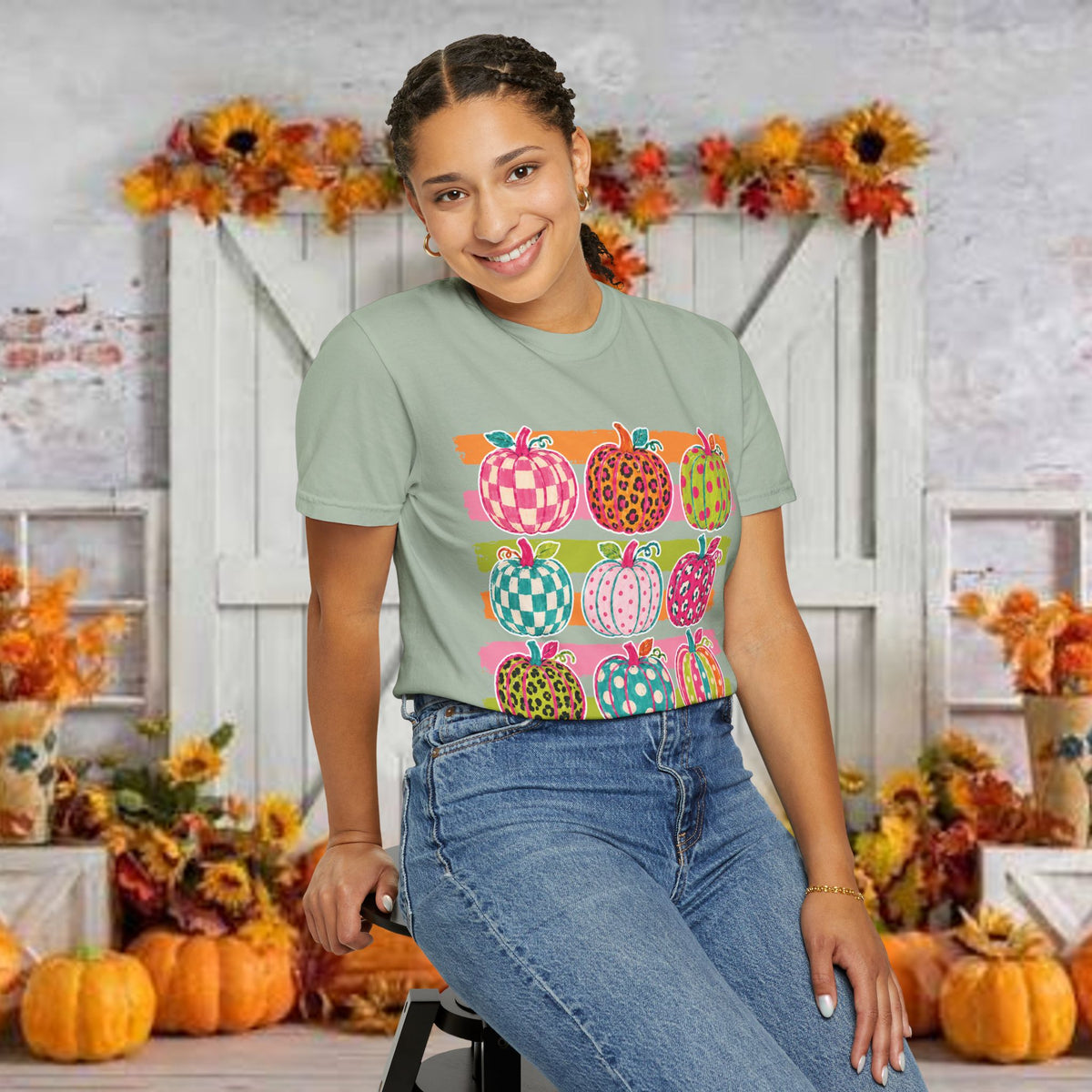 Striped Preppy Neon Fall Pumpkin Bow