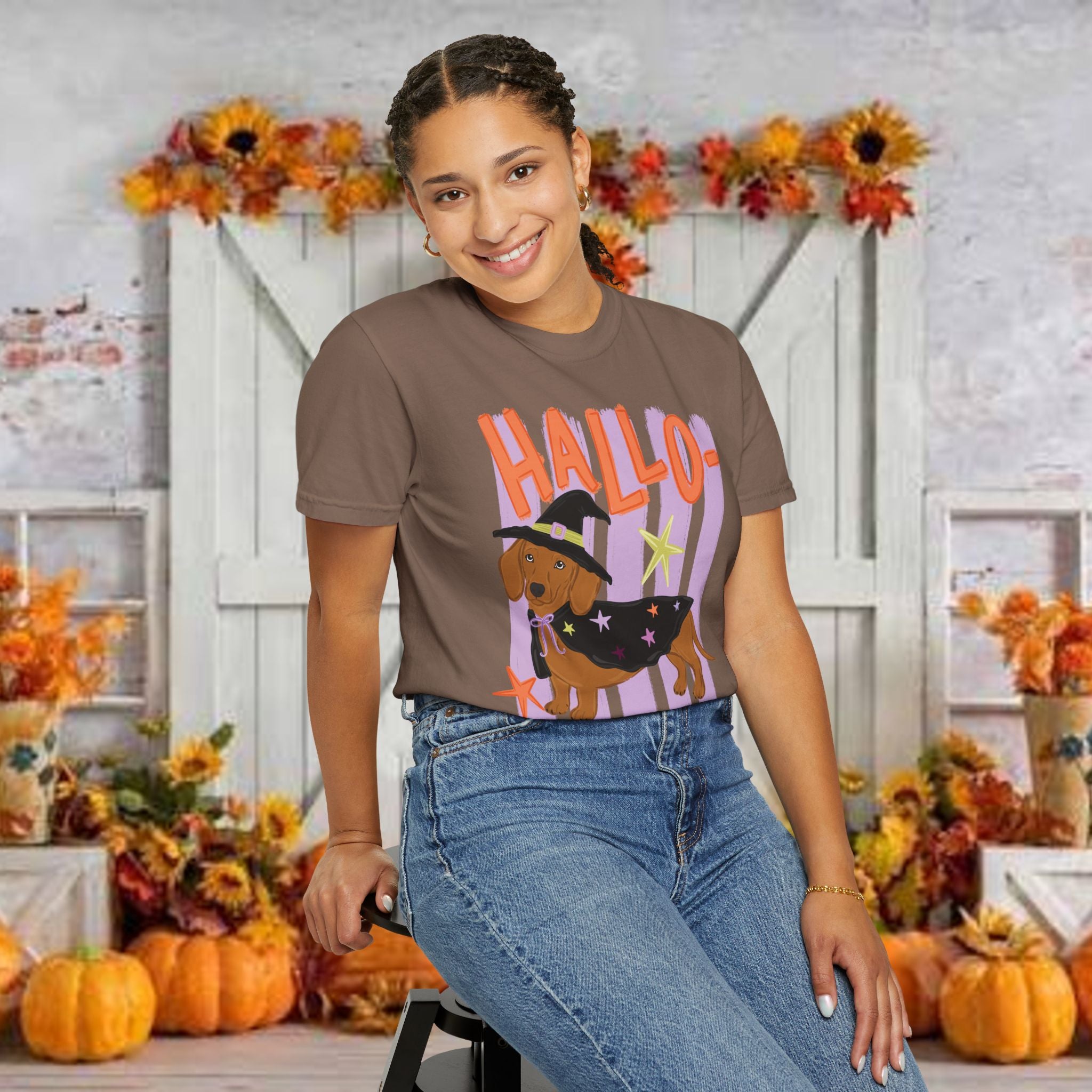 Hallo-Weenie Dachshund T-Shirt — Cute Dog in Witch Costume Graphic Tee