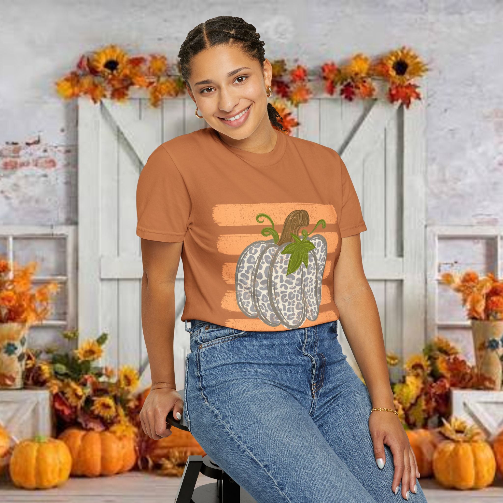 Pumpkin Stripes T-Shirt — Leopard Print Pumpkin Fall Tee