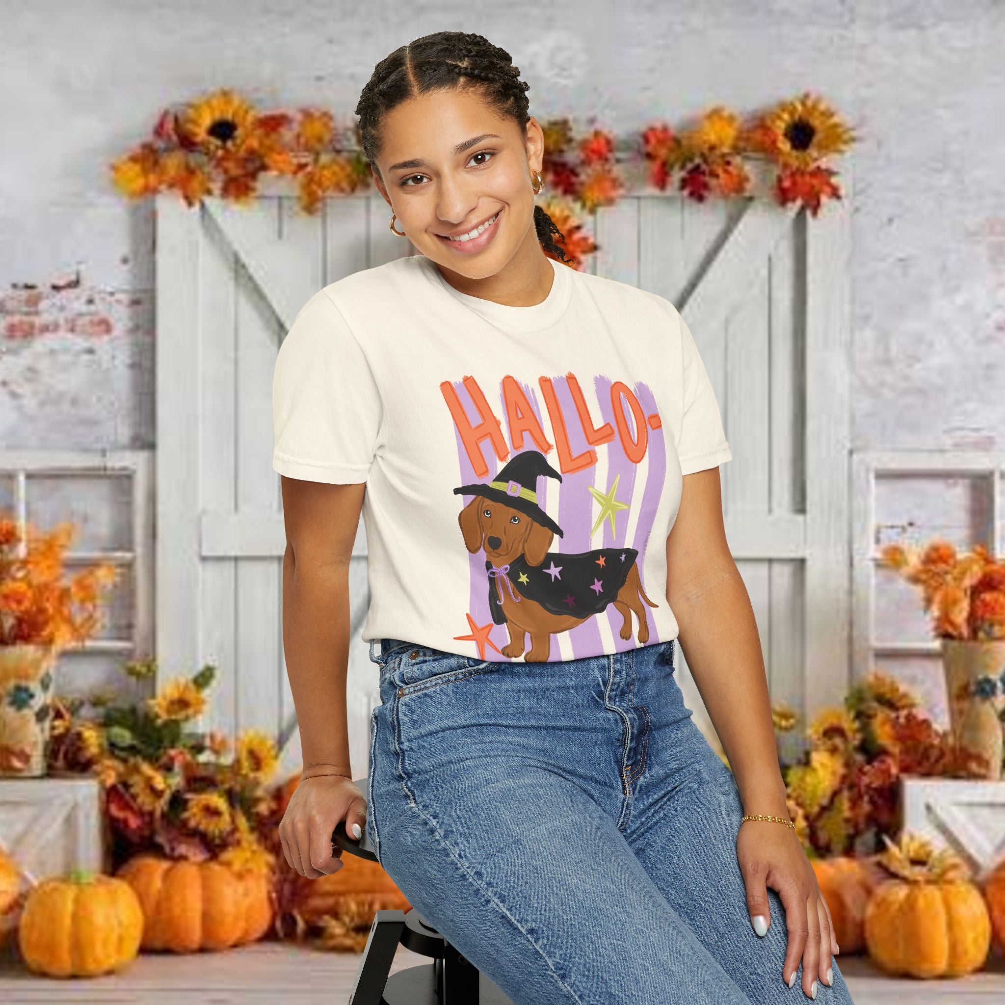 Hallo-Weenie Dachshund T-Shirt — Cute Dog in Witch Costume Graphic Tee