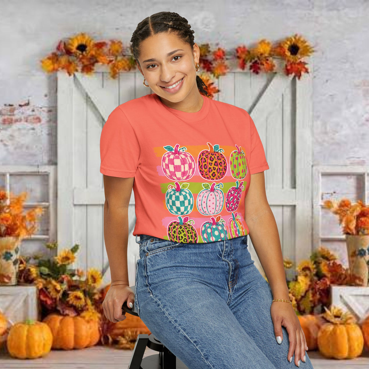 Striped Preppy Neon Fall Pumpkin Bow