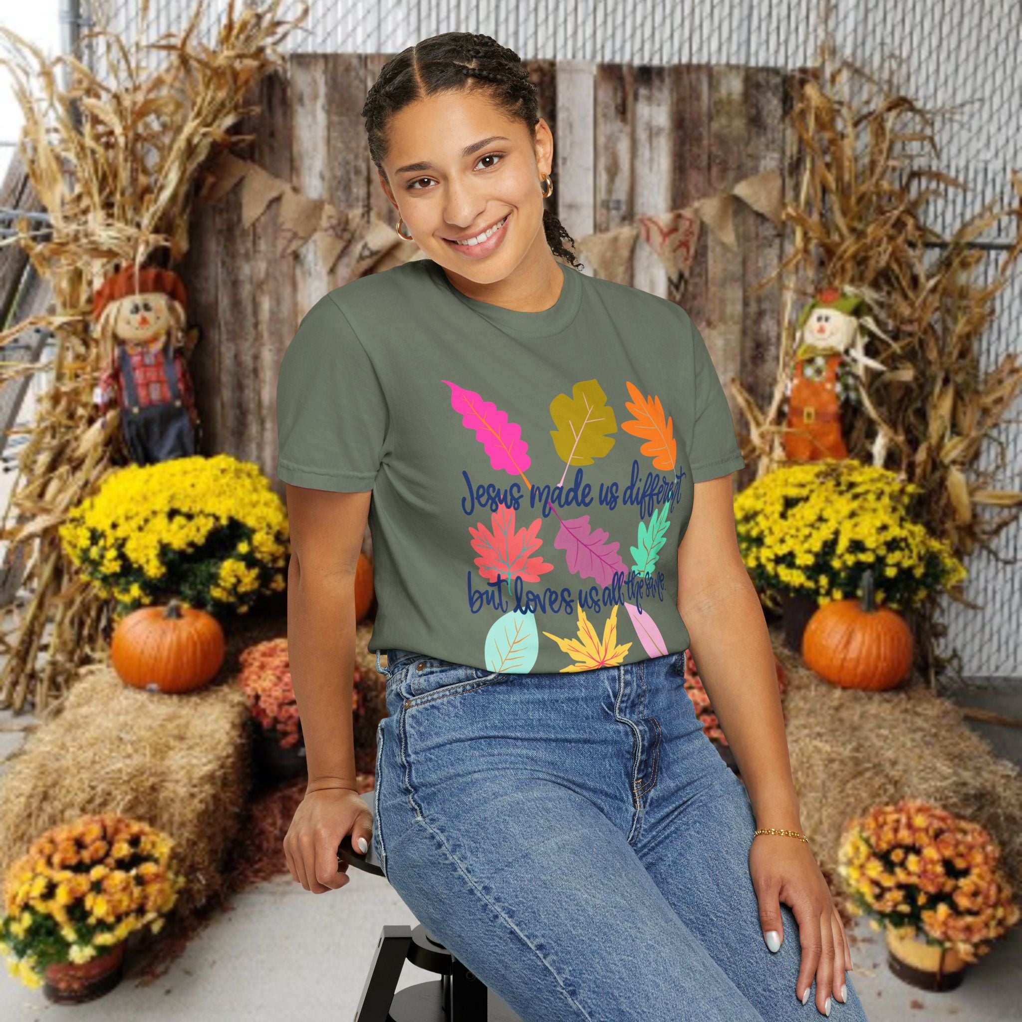 Christian Fall T-Shirt — "Jesus Made Us Different But Loves Us All The Same" (Colorful Leaves)