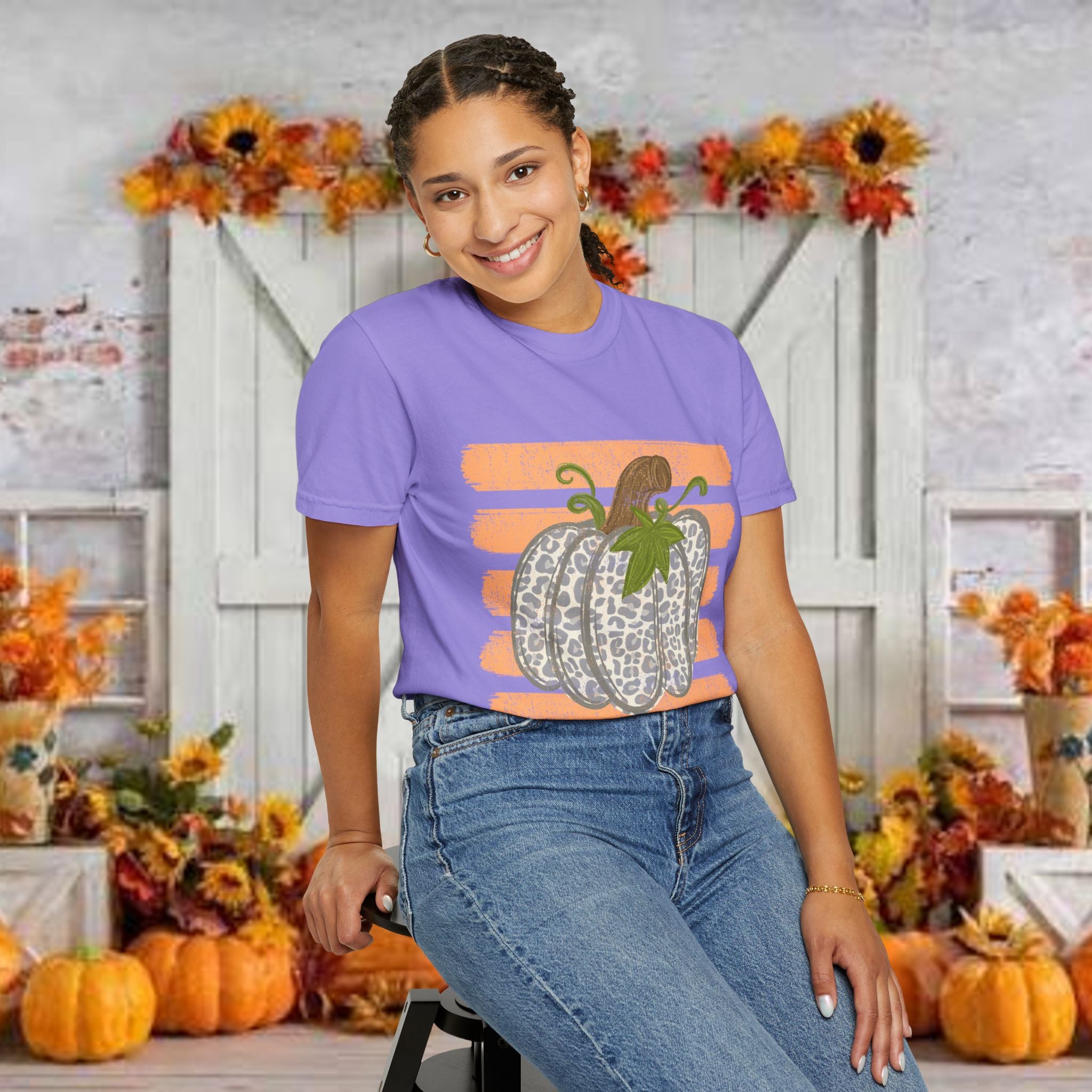 Pumpkin Stripes T-Shirt — Leopard Print Pumpkin Fall Tee
