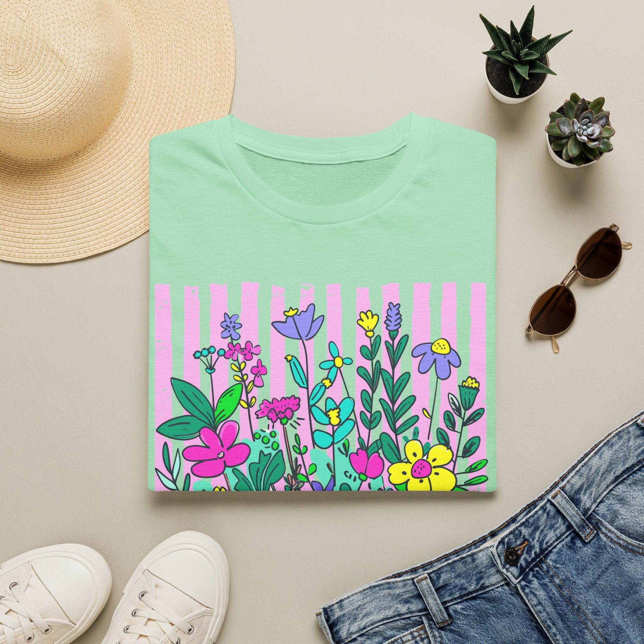 Granny Floral Graphic T-Shirt — Colorful Striped Bouquet Tee