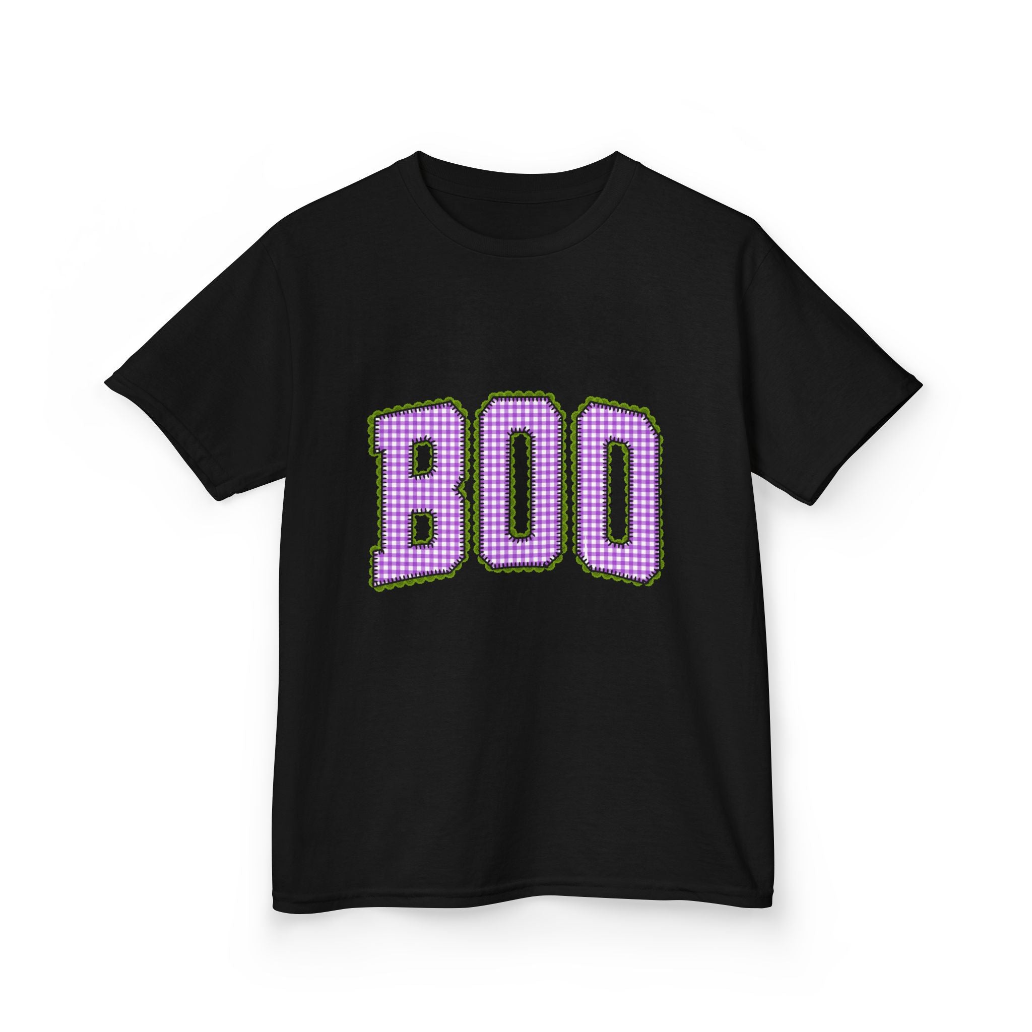 Kids Tee — 'BOO' Purple Ginghma Halloween Shirt