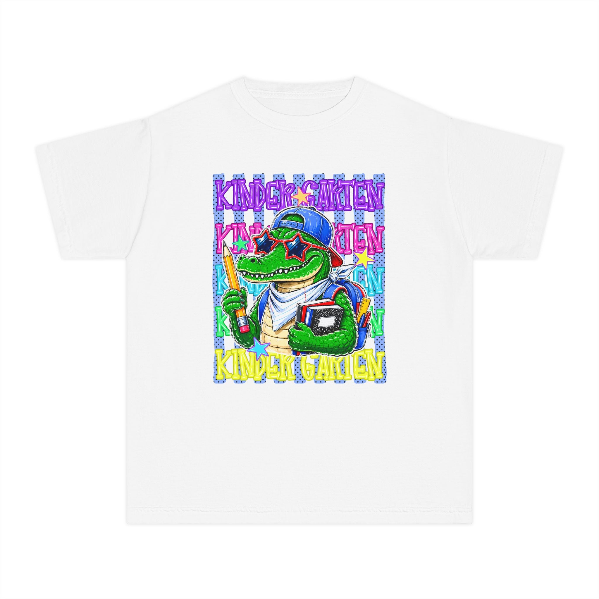 Kids Gator Teacher Tee — "Kindergarten" Colorful Alligator School Shirt
