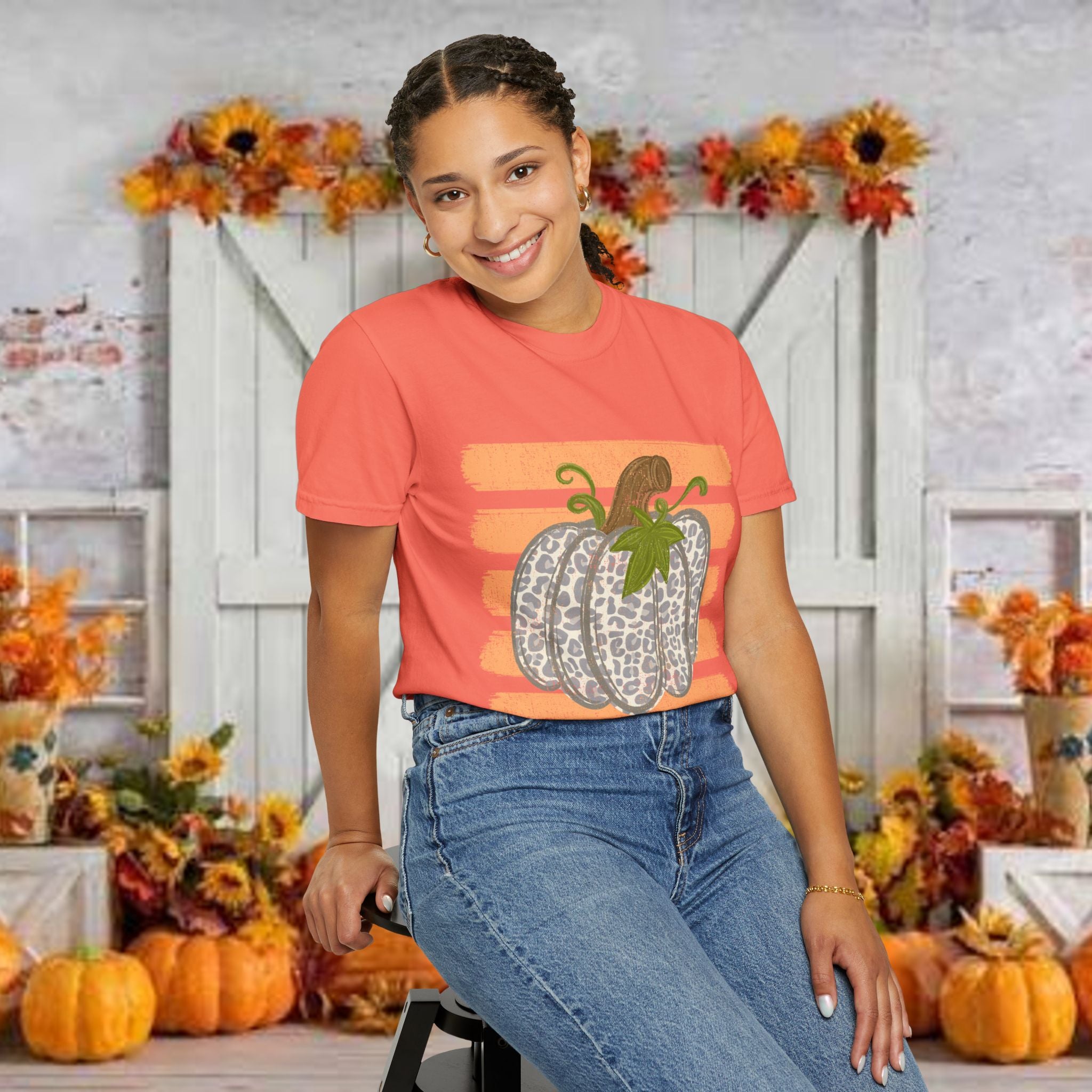 Pumpkin Stripes T-Shirt — Leopard Print Pumpkin Fall Tee