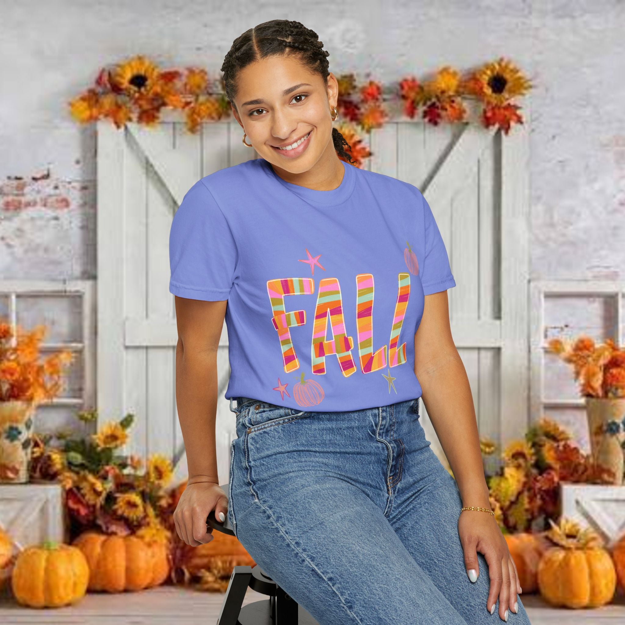 Fall Graphic T-Shirt — Colorful Pumpkin Plaid Autumn Tee