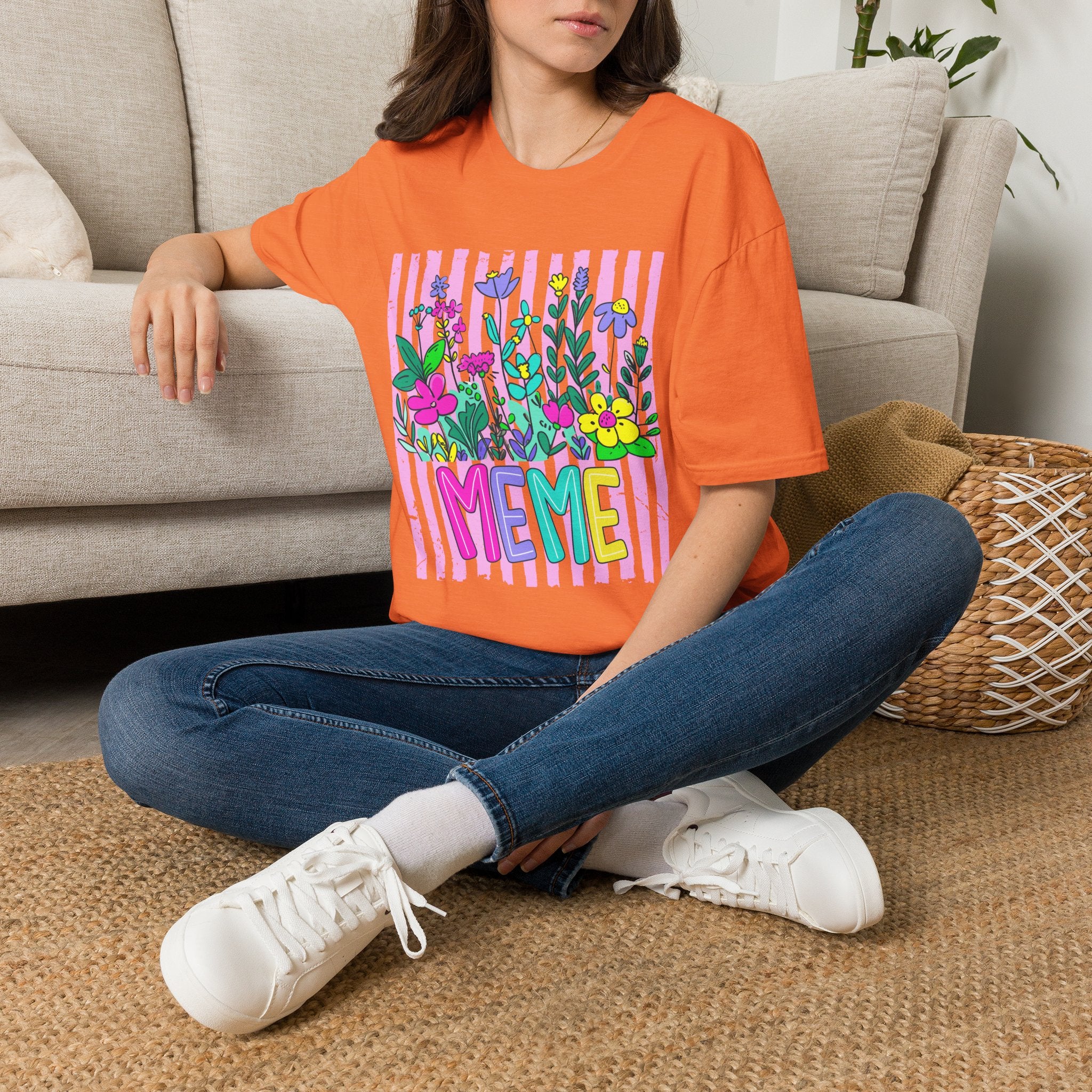 Floral 'I Meme' Tee — Bright Retro Striped Flower Graphic T-Shirt