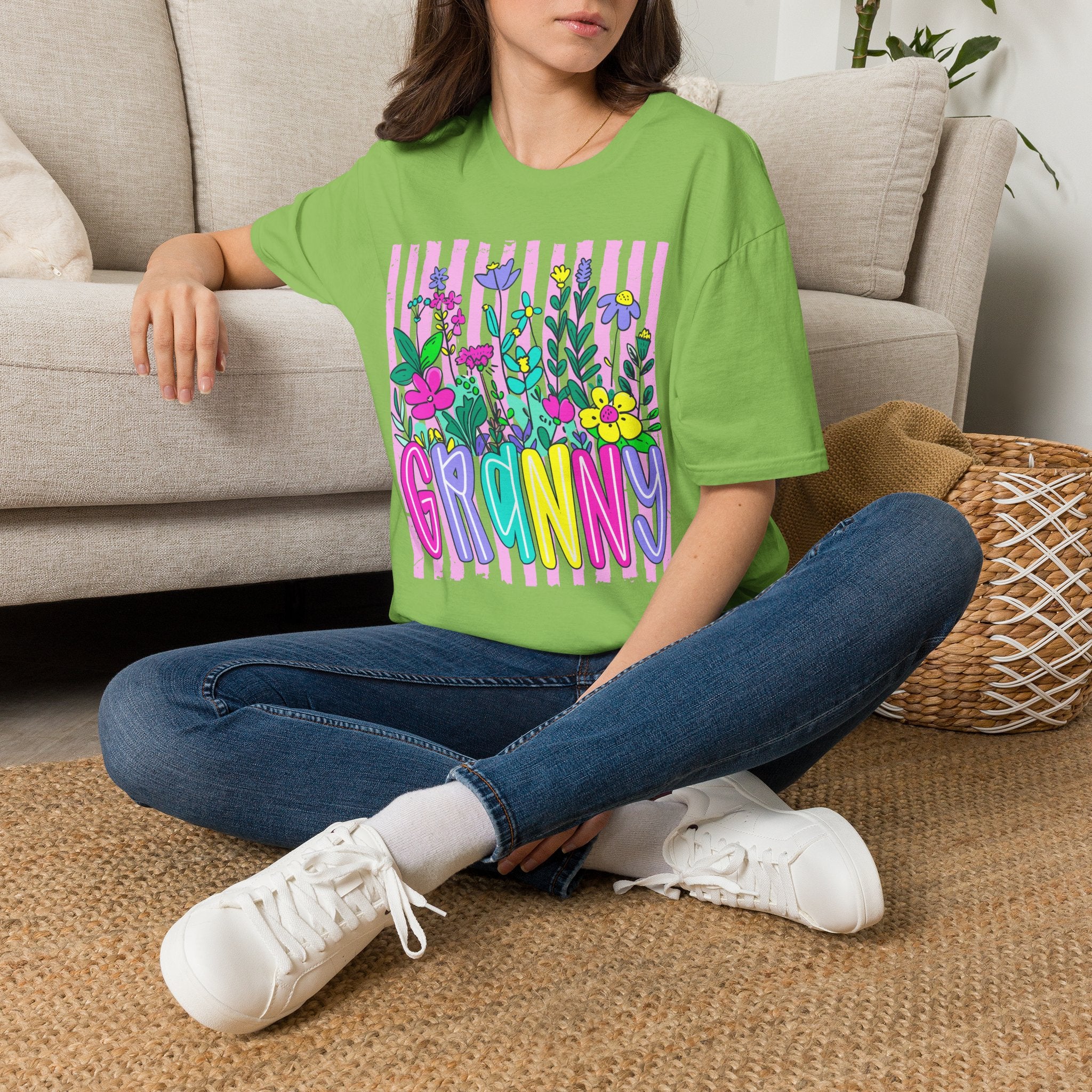Granny Floral Graphic T-Shirt — Colorful Striped Bouquet Tee