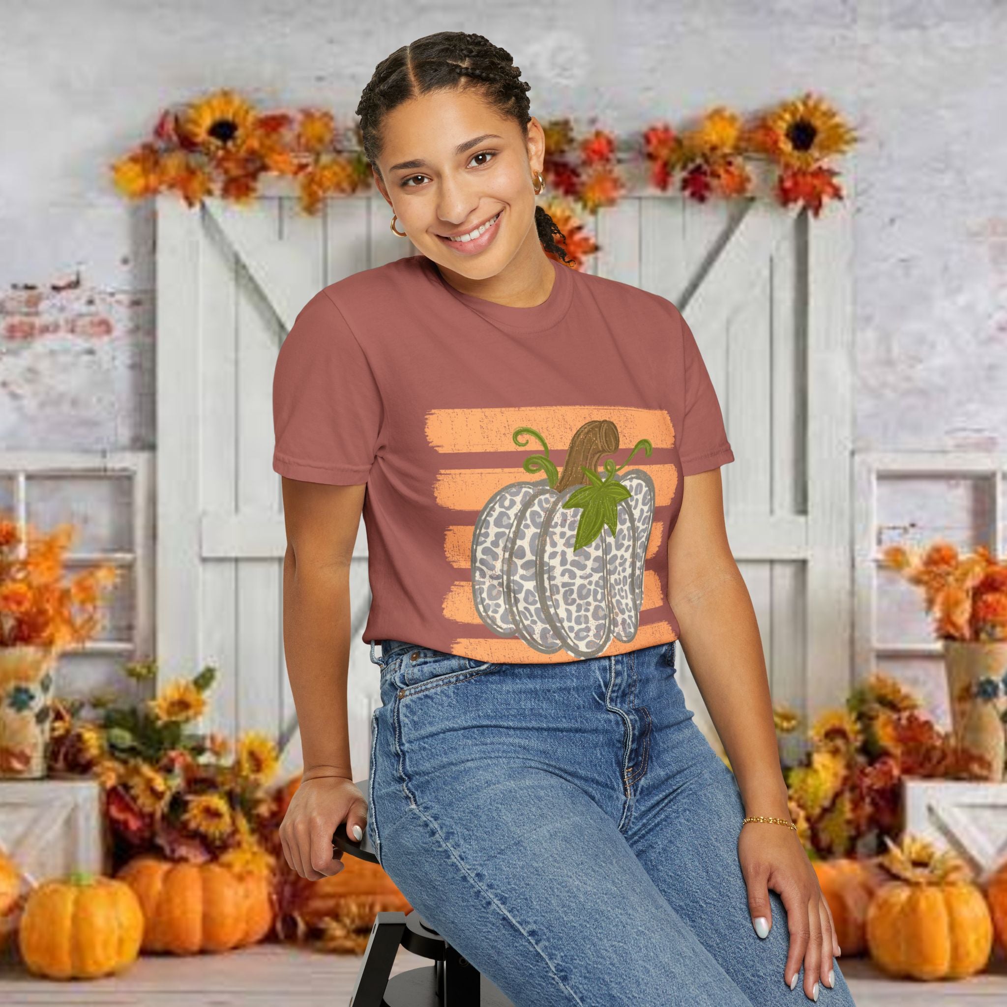 Pumpkin Stripes T-Shirt — Leopard Print Pumpkin Fall Tee