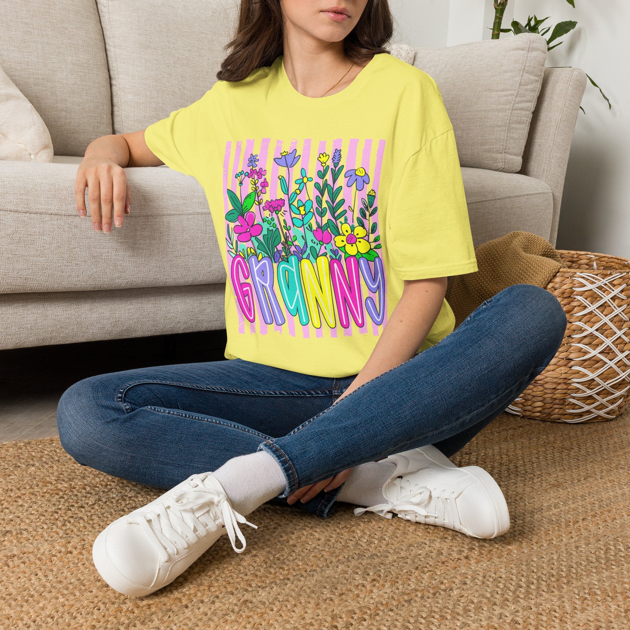 Granny Floral Graphic T-Shirt — Colorful Striped Bouquet Tee