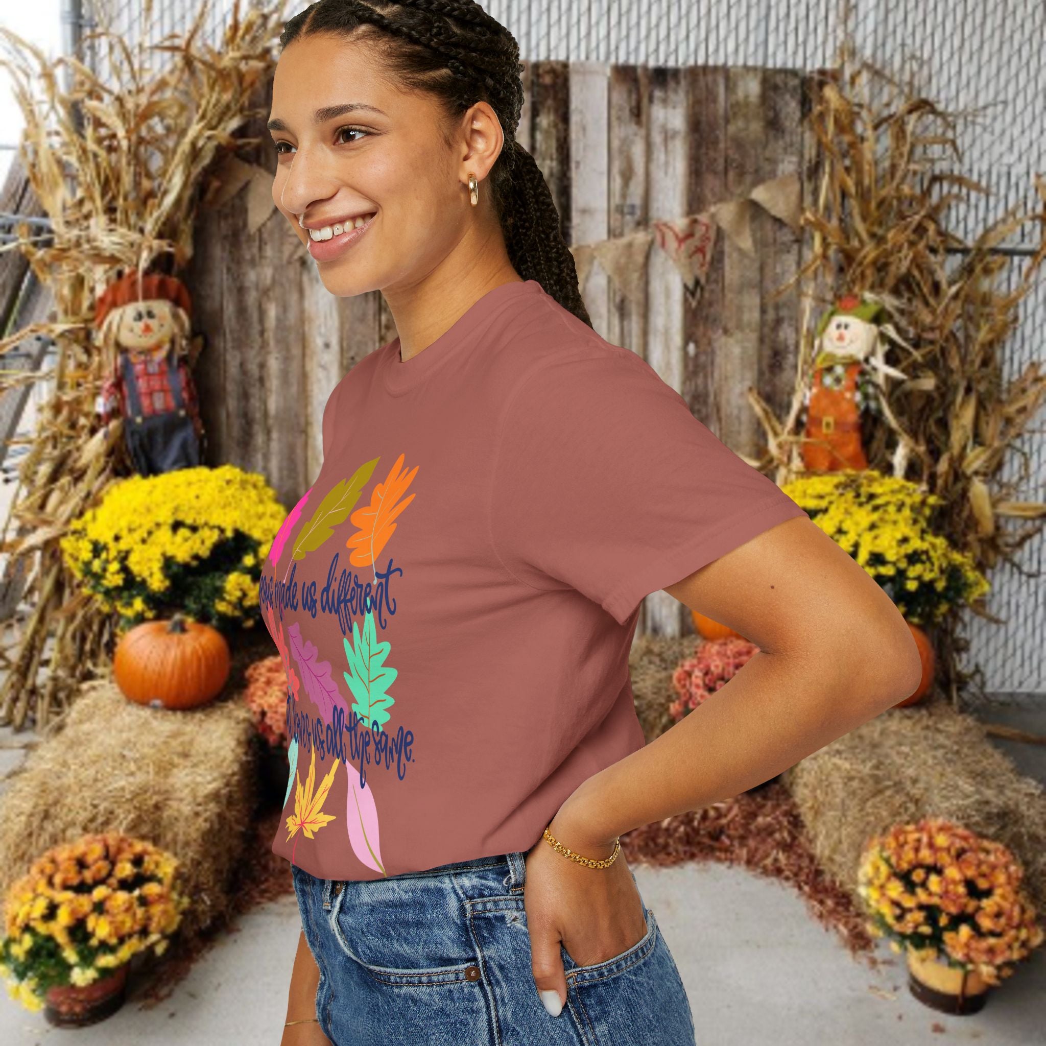 Christian Fall T-Shirt — "Jesus Made Us Different But Loves Us All The Same" (Colorful Leaves)