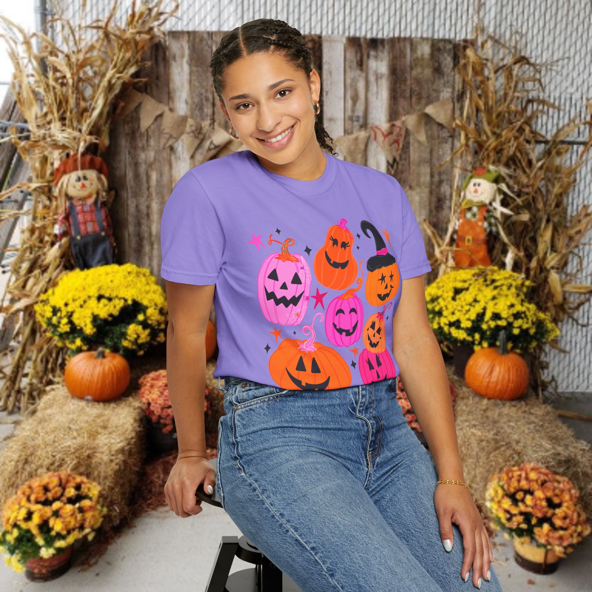 Halloween Pumpkins T-Shirt — Cute Pink & Orange Jack-O'-Lanterns