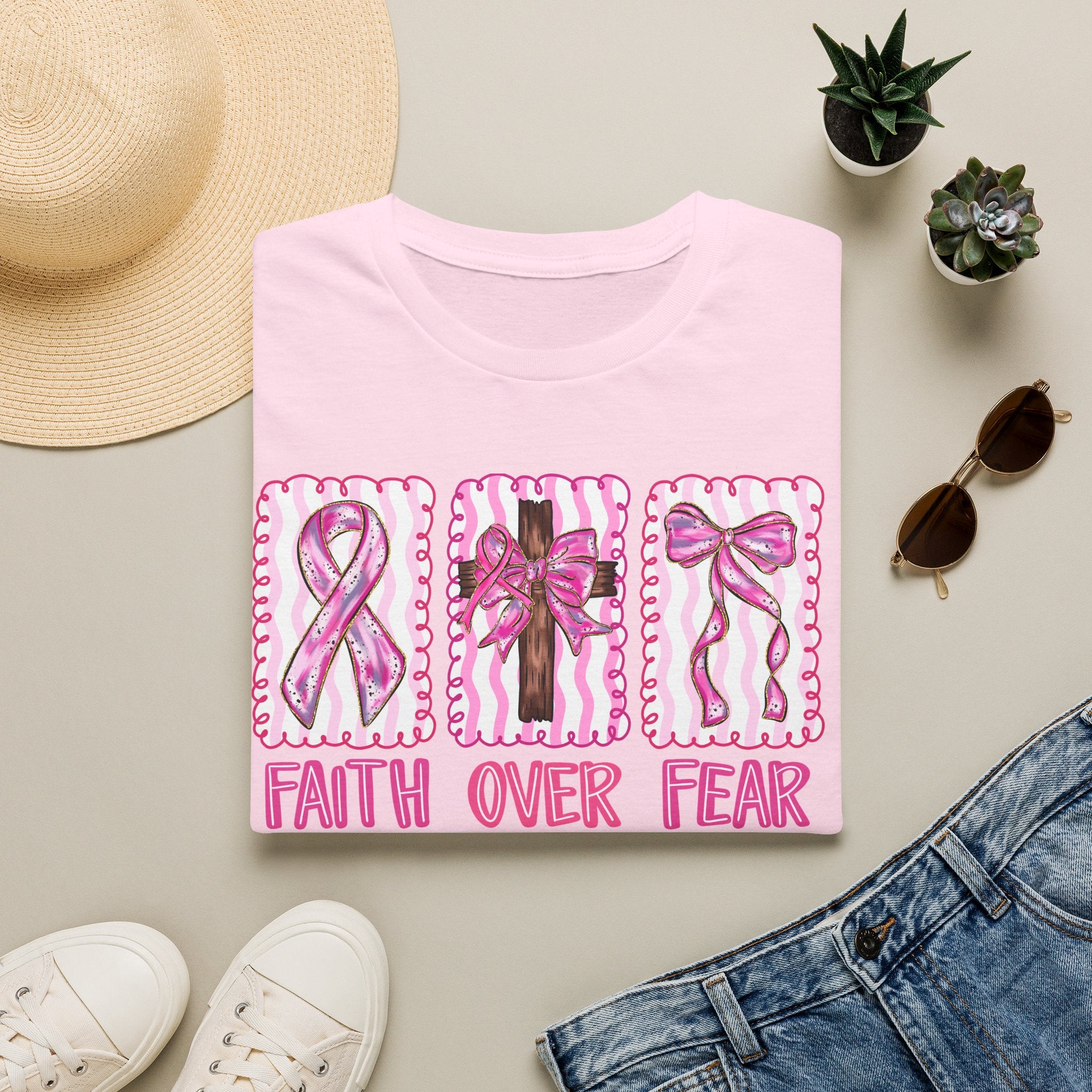 Breast Cancer Awareness T-Shirt - "Faith Over Fear" Pink Ribbon Tee