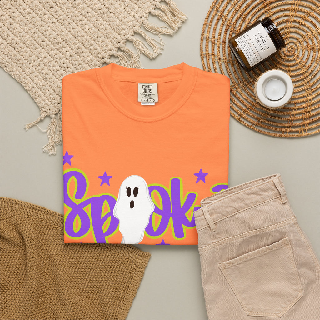 Spooky Ghost Halloween T-Shirt — Orange Graphic Tee with Cute Ghost & Stars