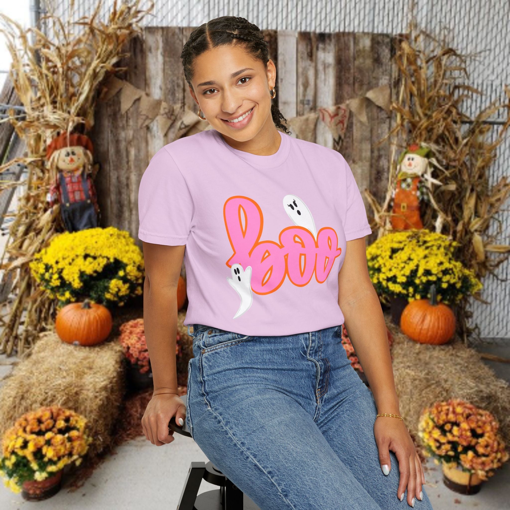 Boo Ghost Graphic T-Shirt — Pink Script Halloween Tee